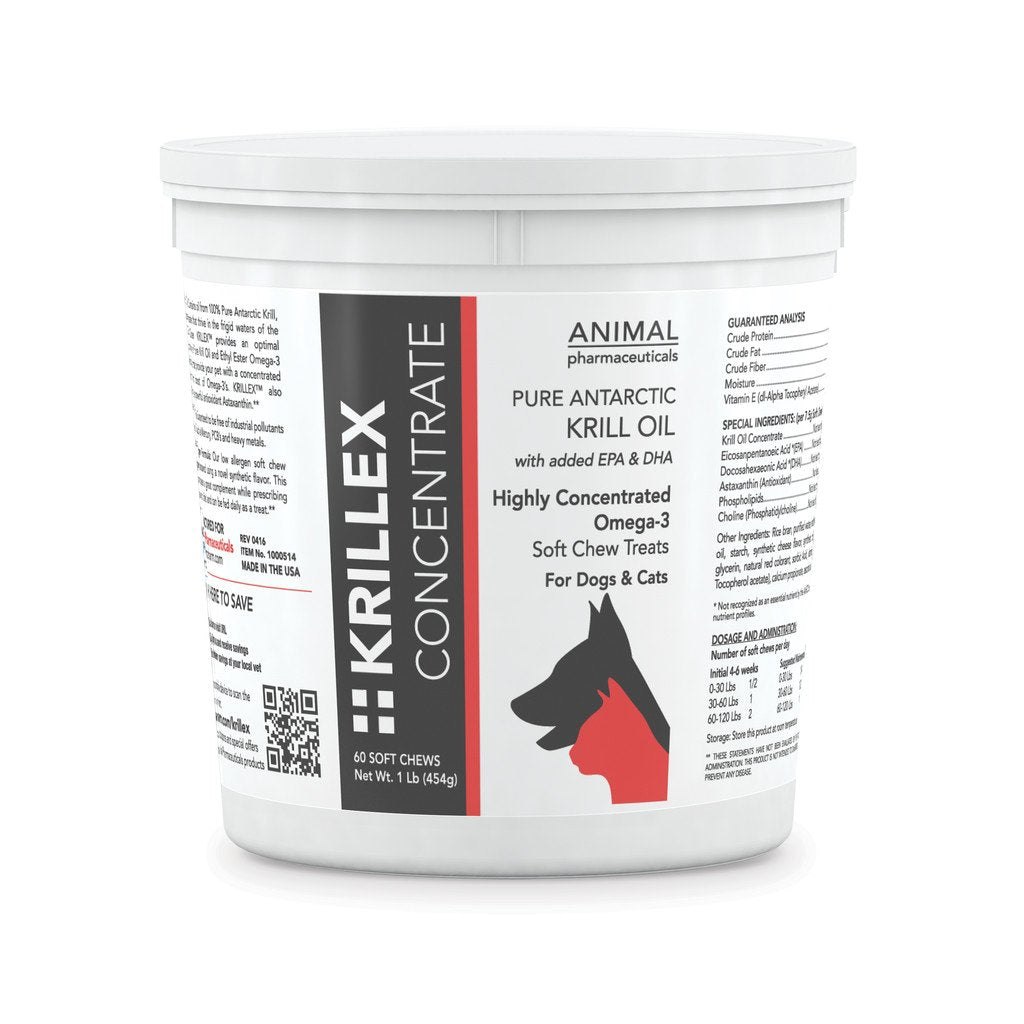Animal Pharmaceuticals Krillex concentré emballage avant montrant sachet et bénéfice peau saine
