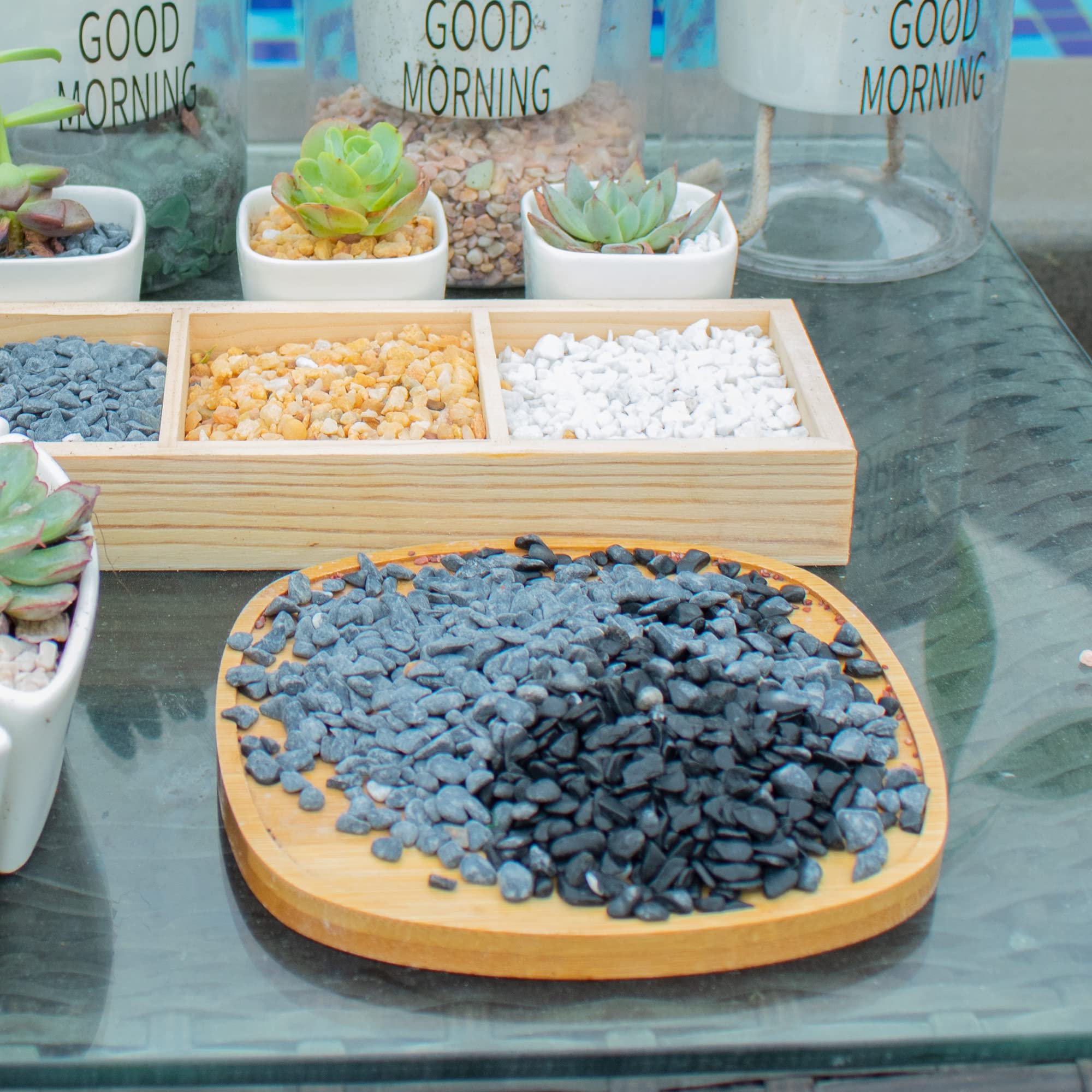 Anothera gravier utilisé comme top dressing sur pots de succulentes pour contraste visuel