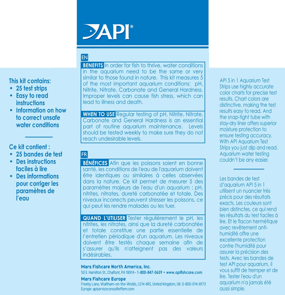 API gros plan sur bandelette 5-en-1 montrant les réactifs colorés utiles