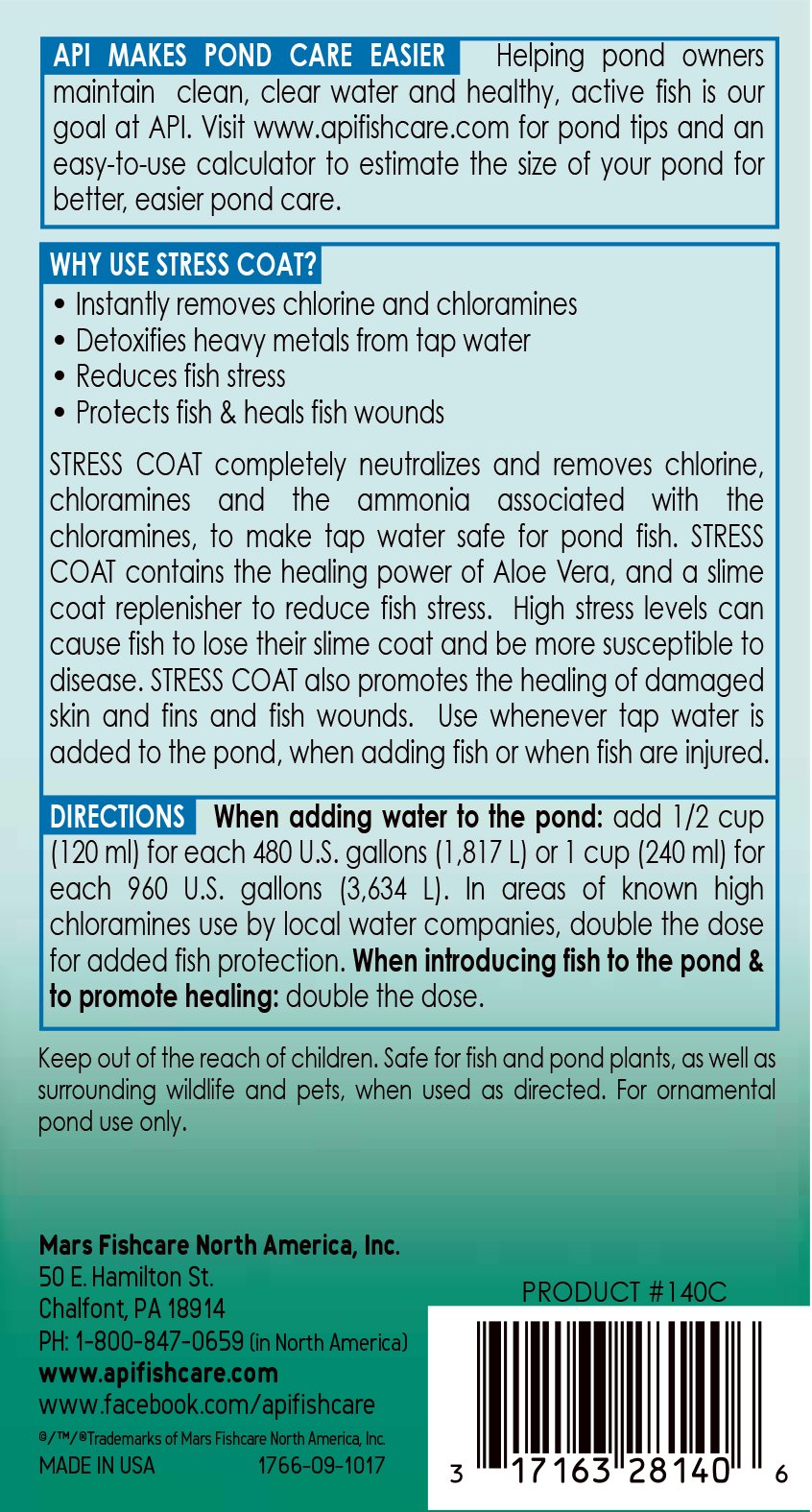 API POND STRESS COAT étiquette en gros plan montrant dosage et bénéfices