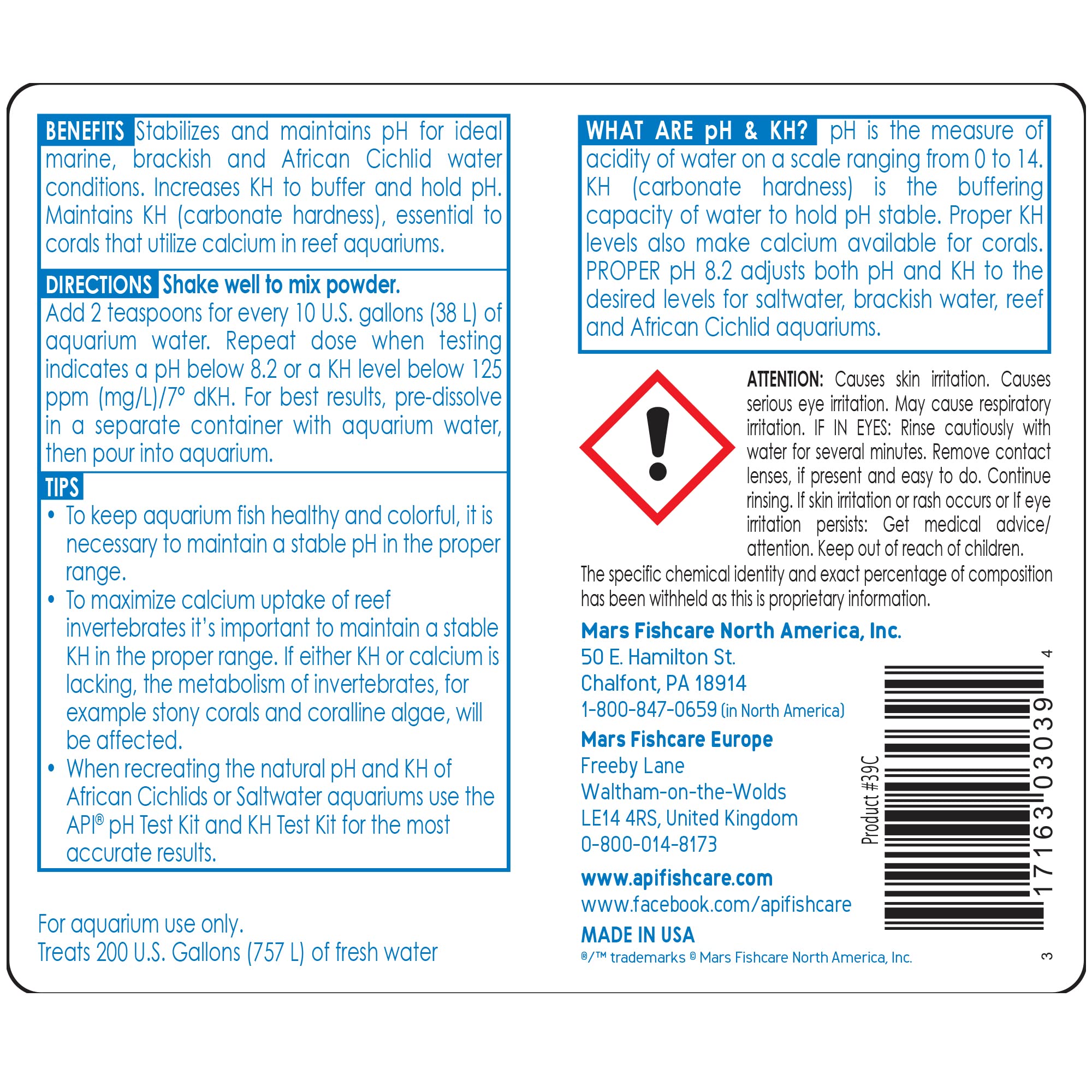API gros plan de l’étiquette pH 8.2 indiquant dosage et usage clair