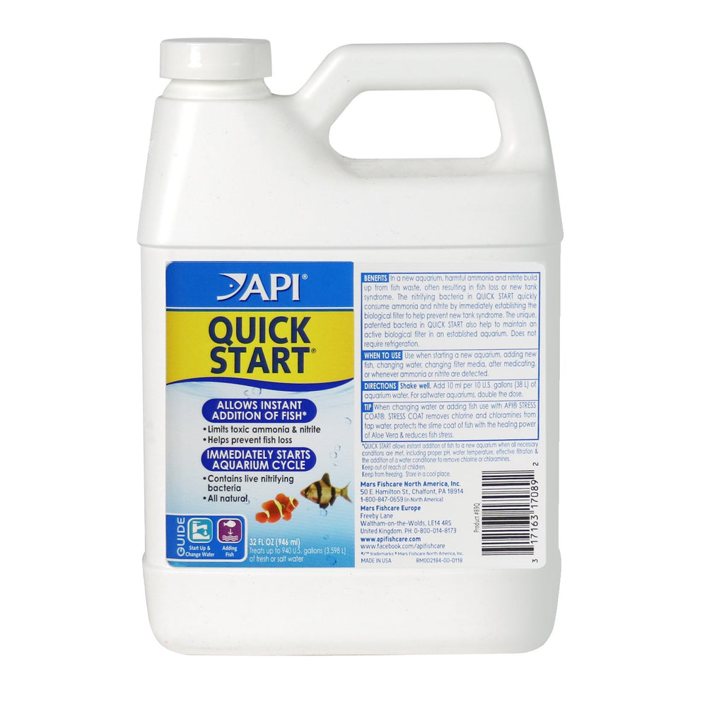 API Quick Start flacon 32 oz montrant emballage et dosage, facilite démarrage aquarium