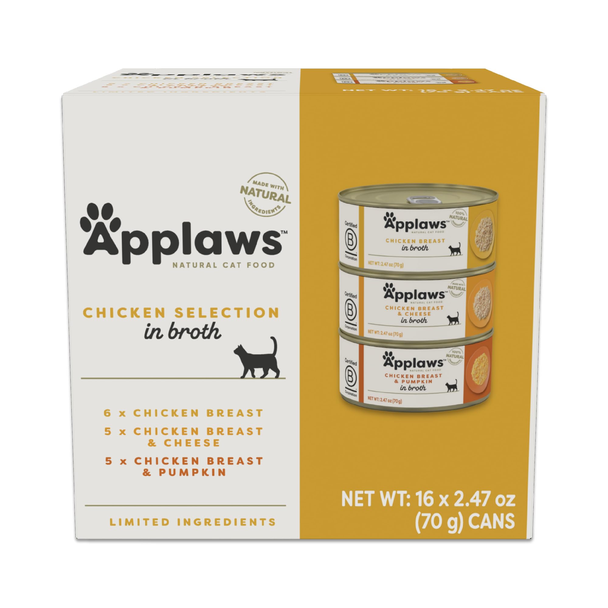 Applaws face avant de la boîte poulet en bouillon montrant le format pratique