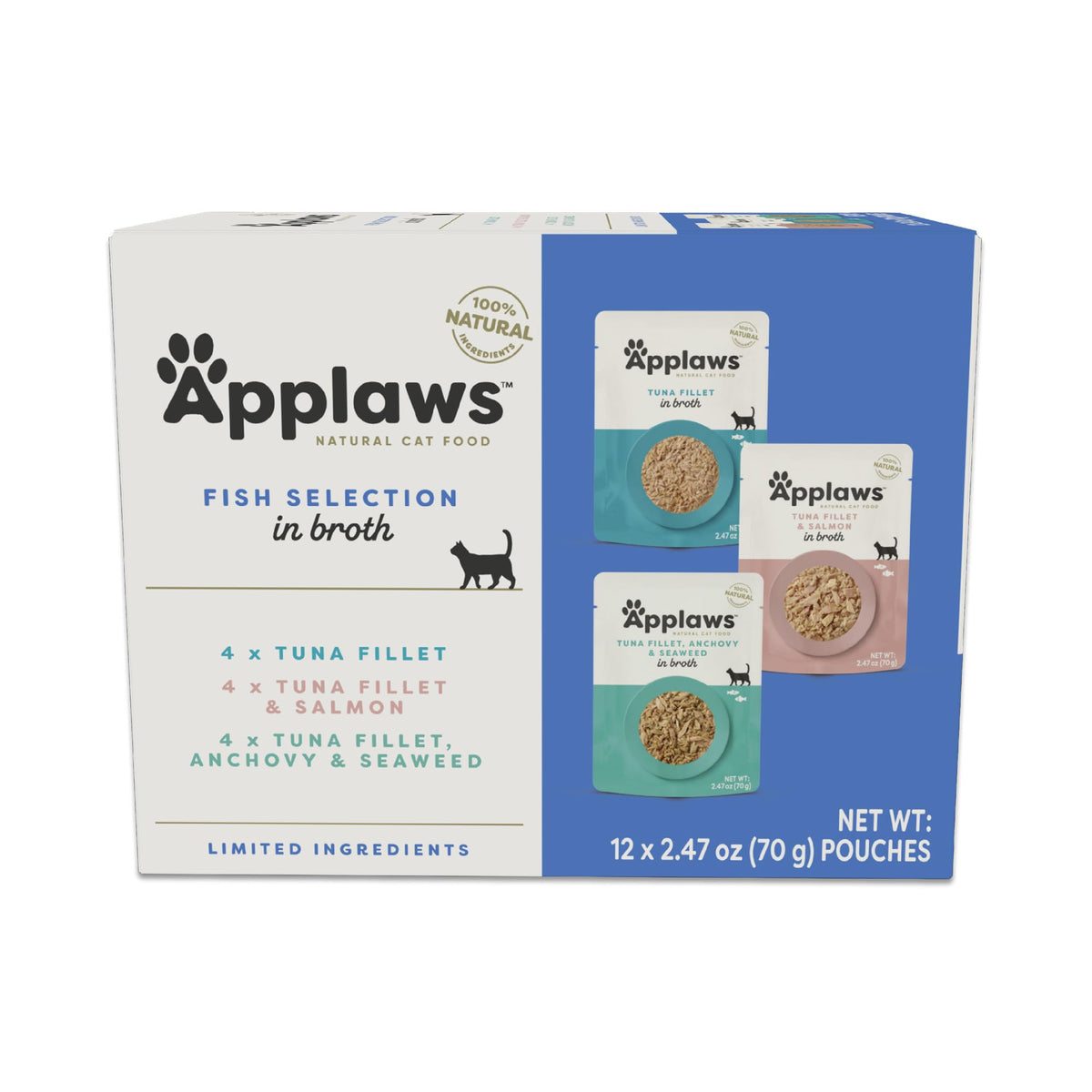 Applaws emballage avant montrant variété 12 sachets et bénéfice naturel