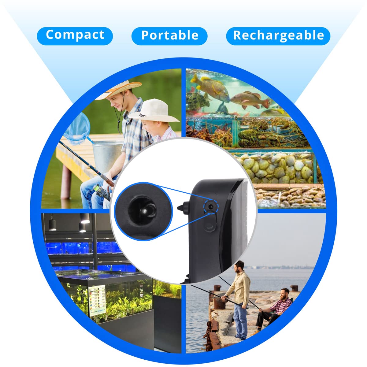 AQQA pompe à air comparaison taille avec main montrant compacité pratique