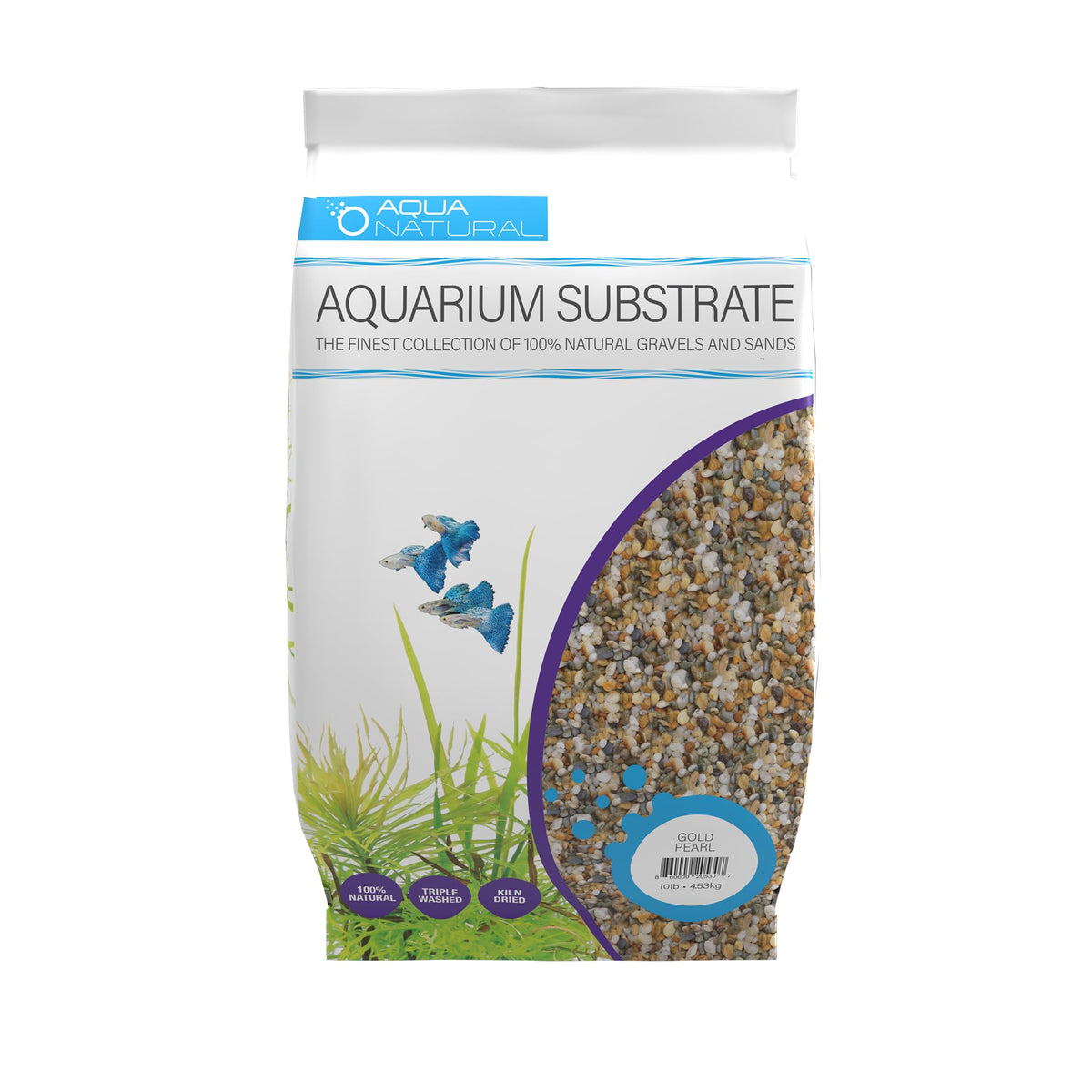 Aqua Natural emballage avant montrant sac 10lb et gravier doré pour décoration