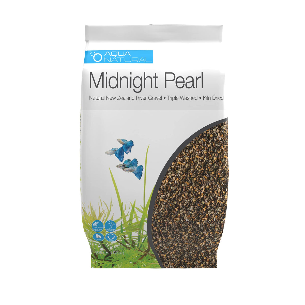 Aqua Natural emballage du gravier Midnight Pearl montrant le sac de 10 lb et bénéfice propreté