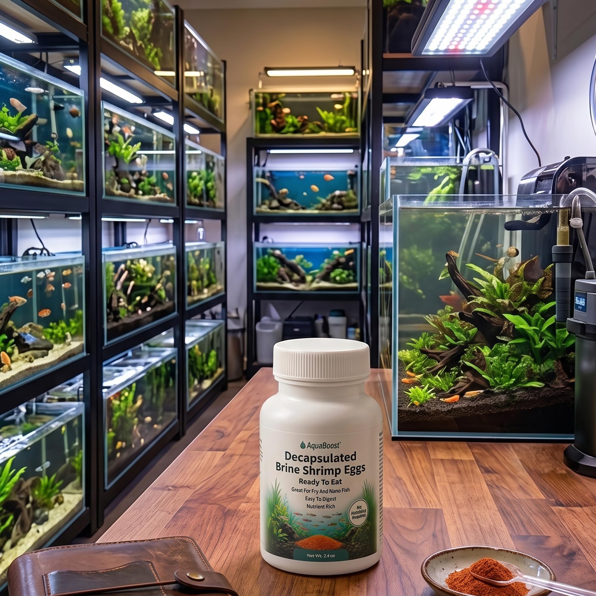 AquaBoost jarre près d'un aquarium illustrant usage sans hatchery