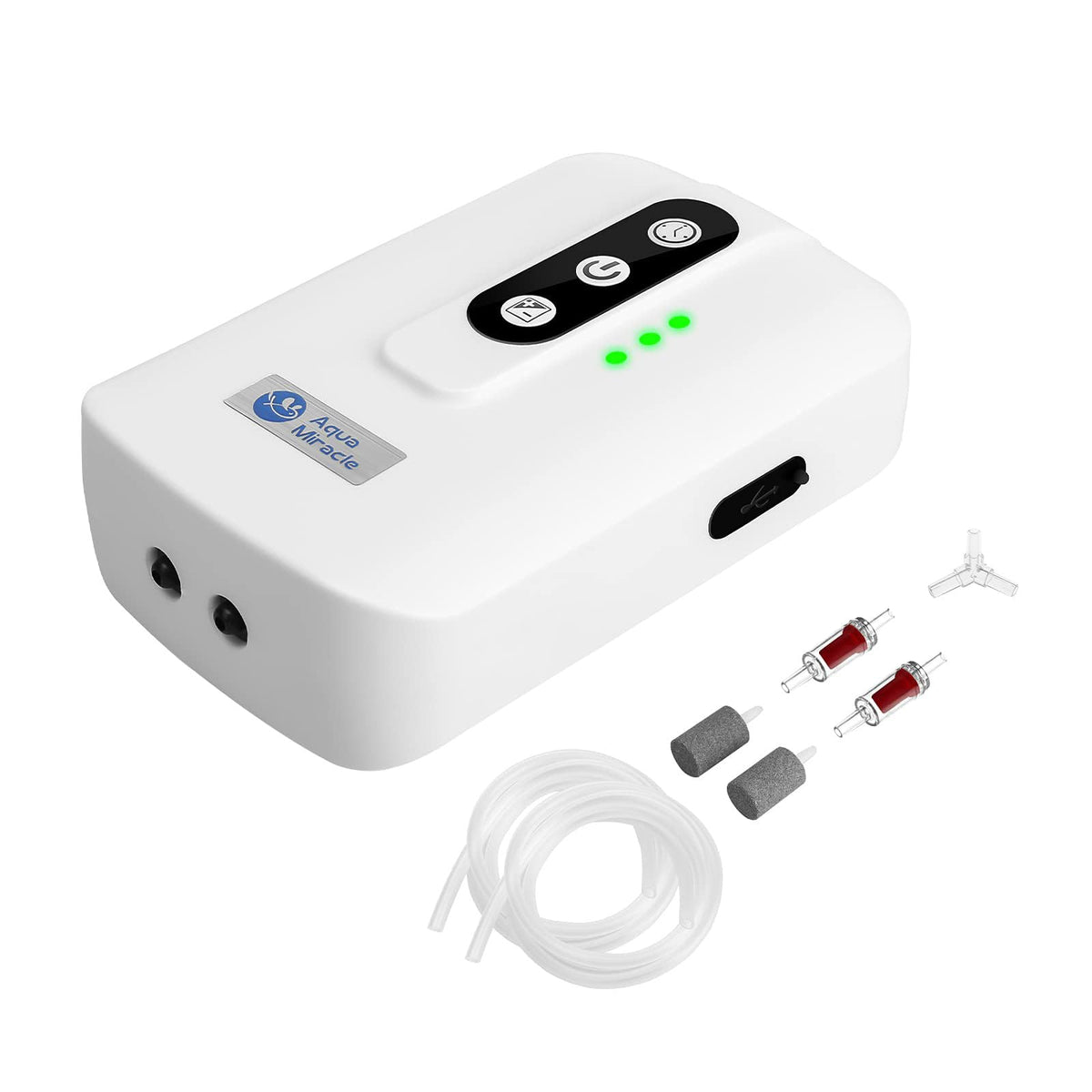 AquaMiracle pompe face avant montrant double sortie et boîtier compact, fiable pour l’aération