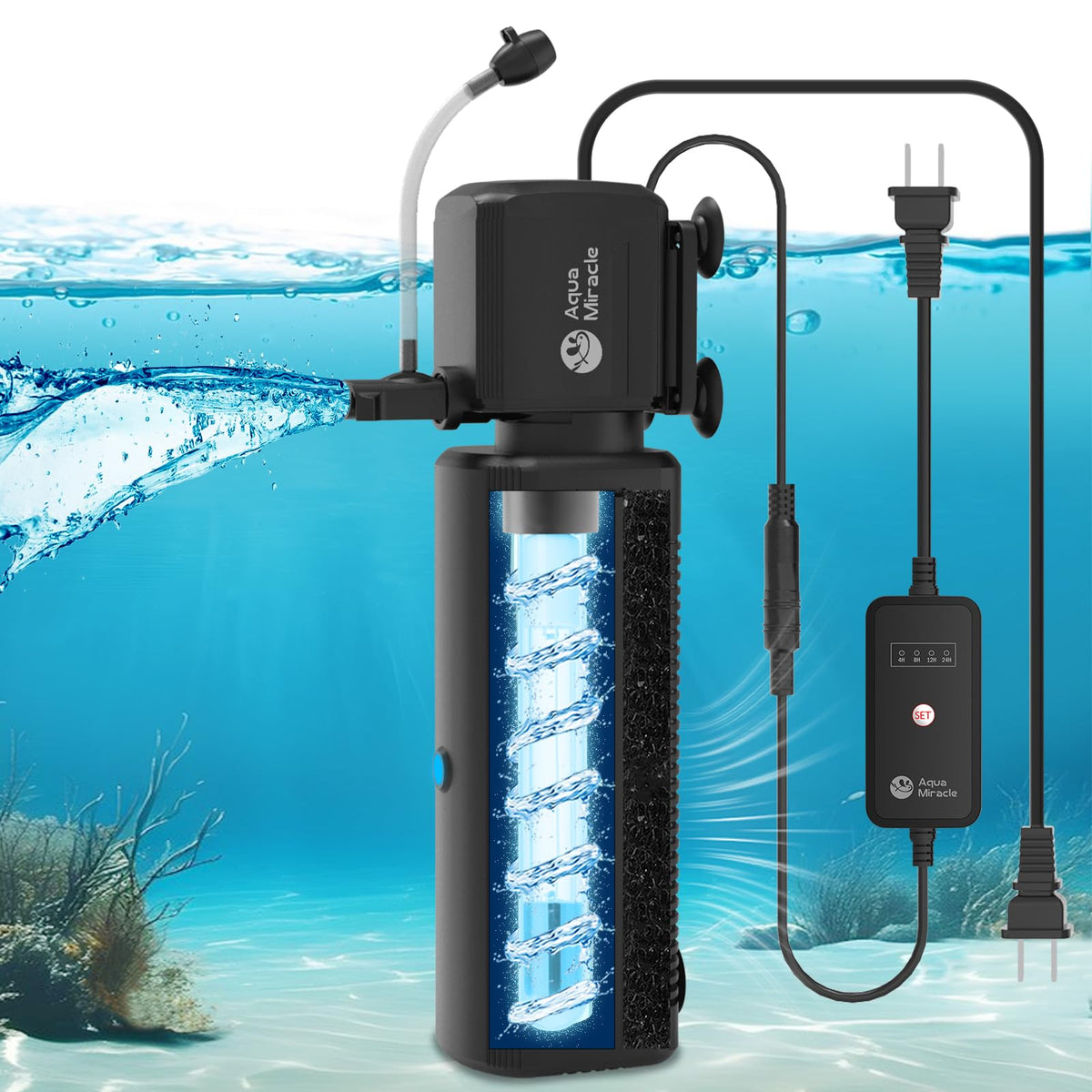 AquaMiracle face avant du filtre montrant design robuste et commandes pratiques