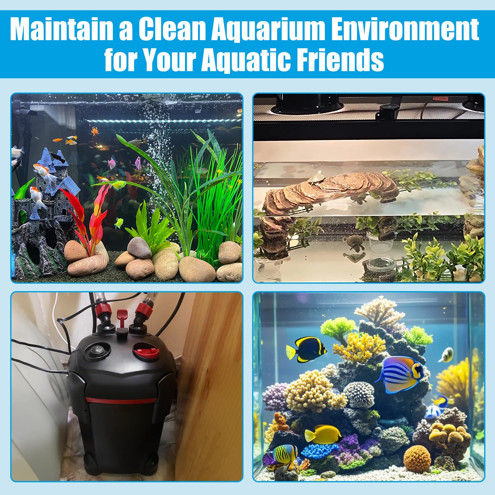 AQUANEAT comparaison d'échelle montrant dimensions des mousses et pads pour compatibilité