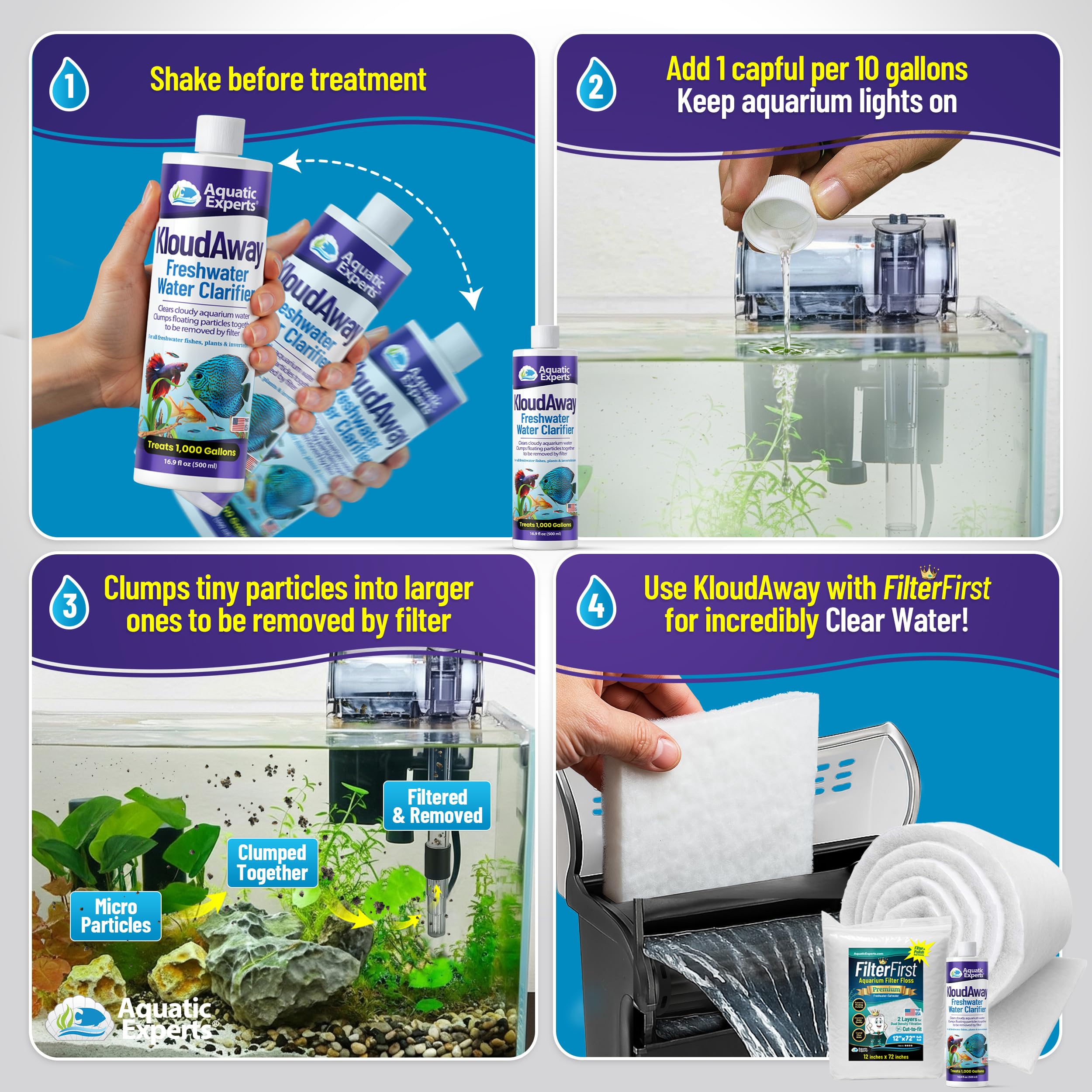 Aquatic Experts produit appliqué sur aquarium en fonctionnement, améliore la clarté