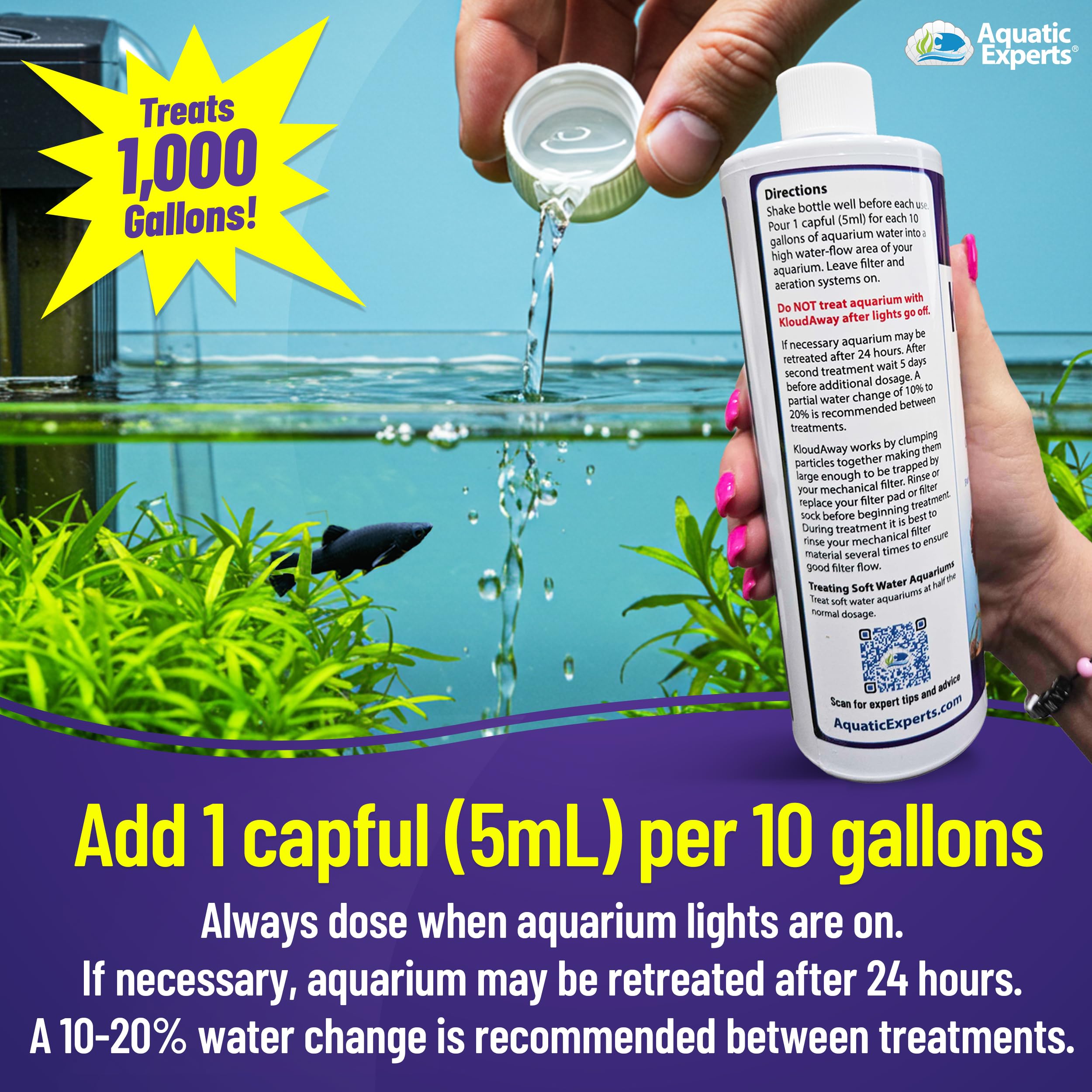 Aquatic Experts flux d'eau filtrée montrant l'action conjuguée du clarifiant et du filtre