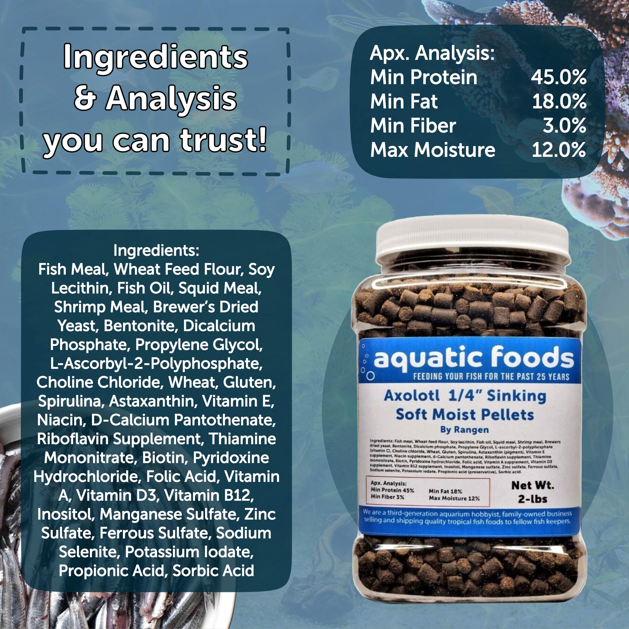 Aquatic Foods inc. comparaison de taille des granulés avec une pièce, échelle claire