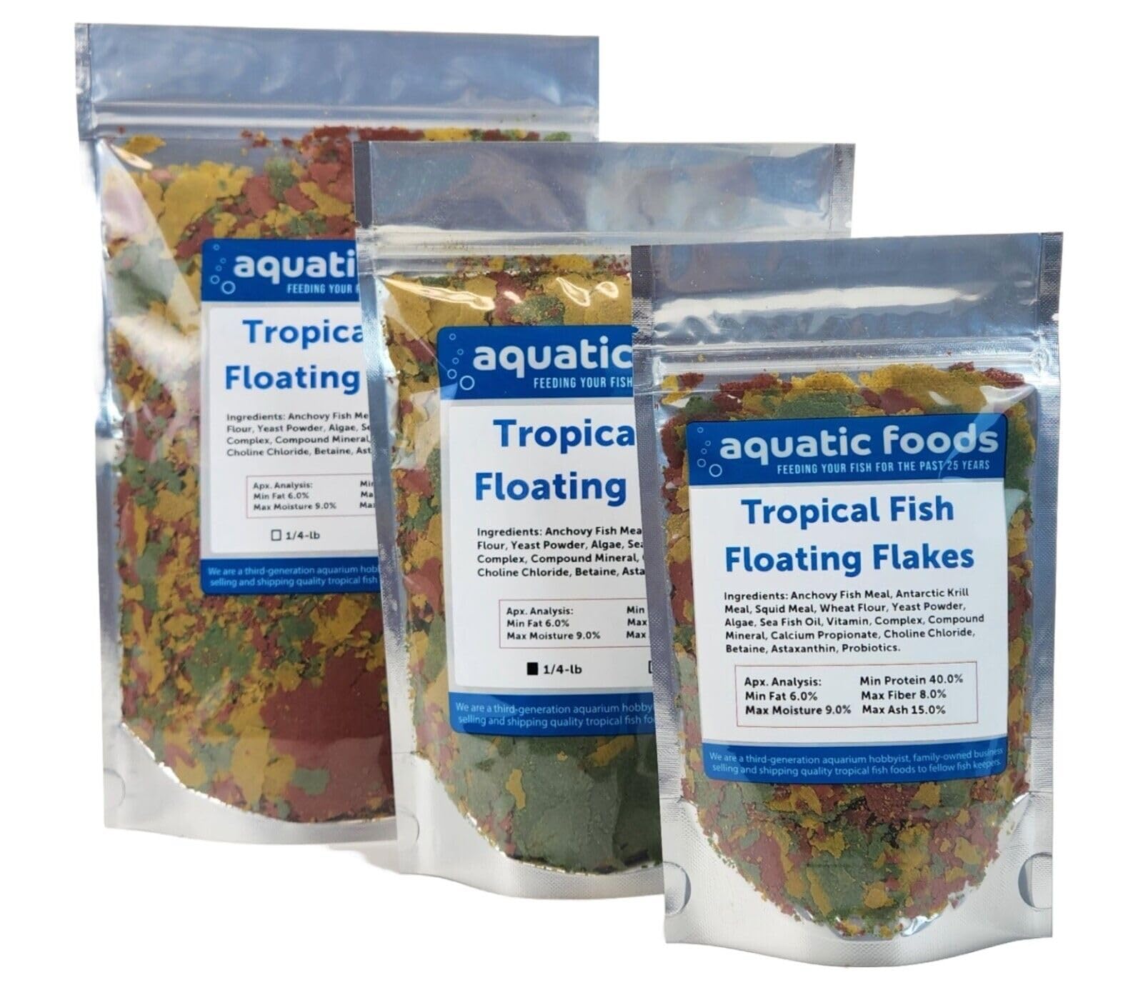 Aquatic Foods Inc. étiquette avant montrant produit et avantages couleur