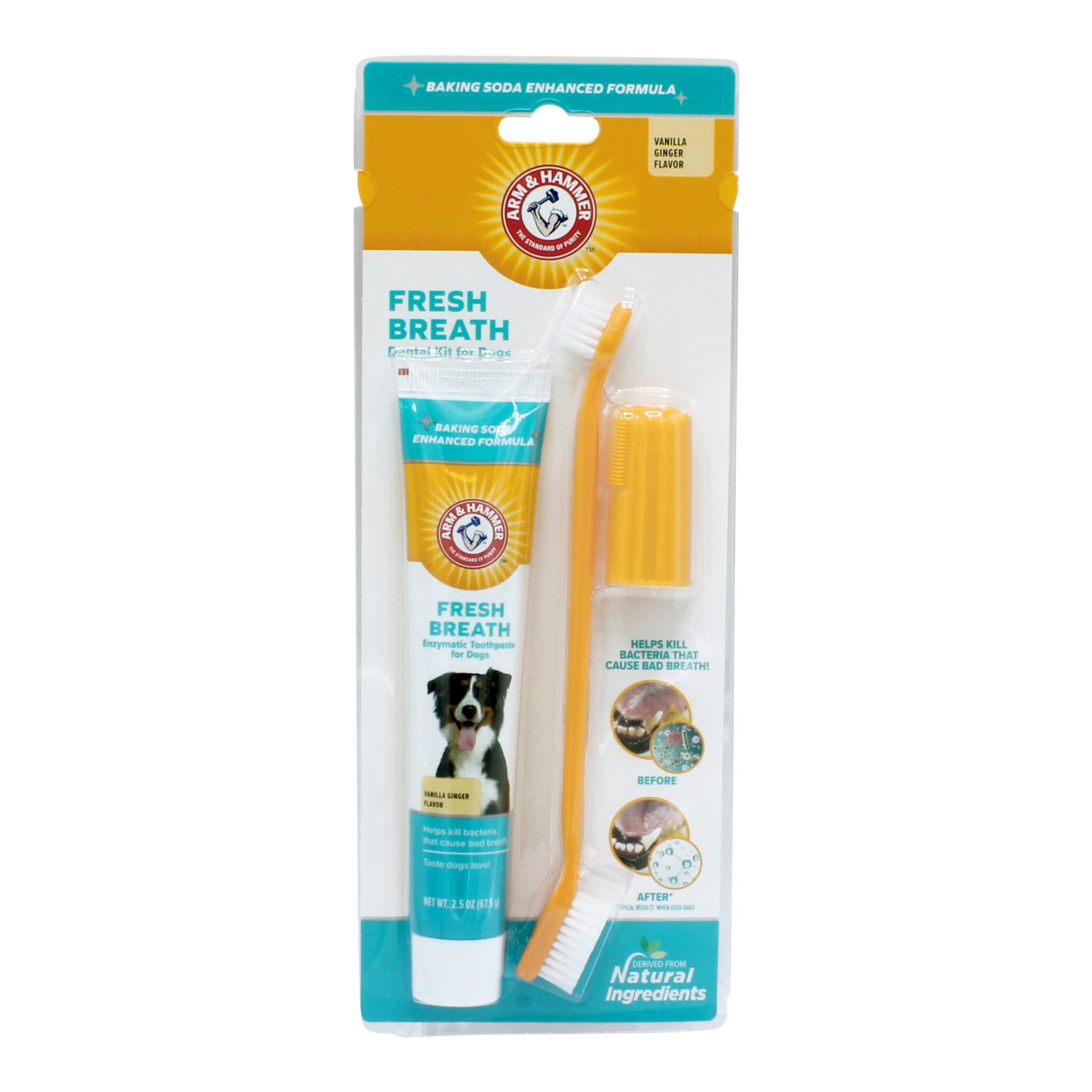 Arm & Hammer emballage du kit dentaire pour chien montrant le contenu et bénéfice rafraîchissement