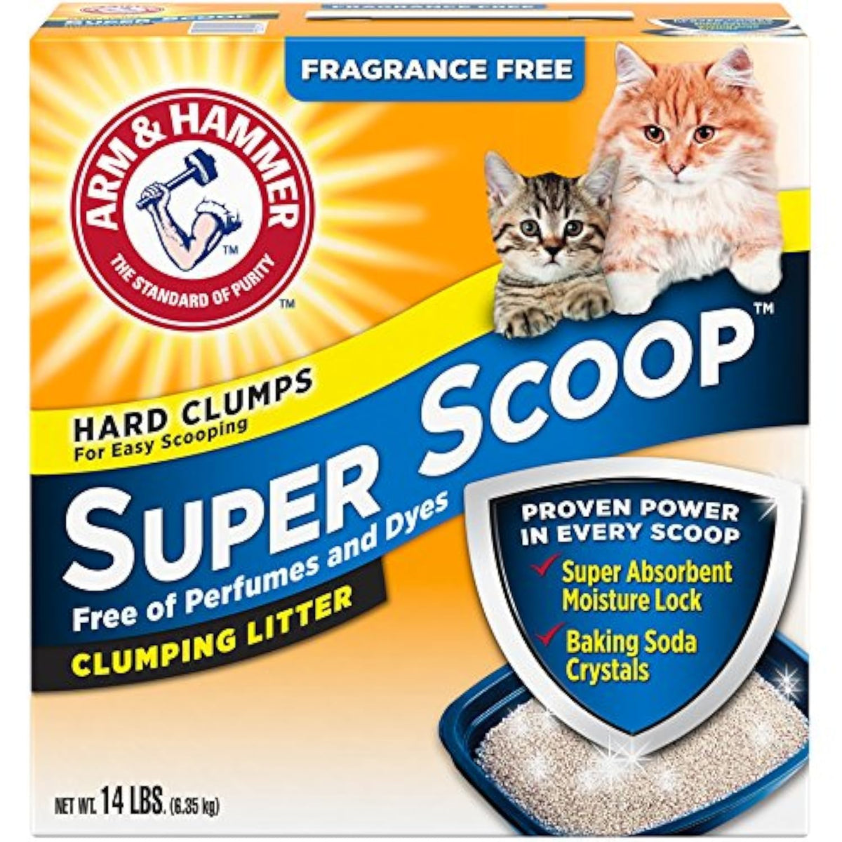 ARM & HAMMER emballage Super Scoop 14 lb montrant l'étiquette et bénéfice contrôle d'odeurs