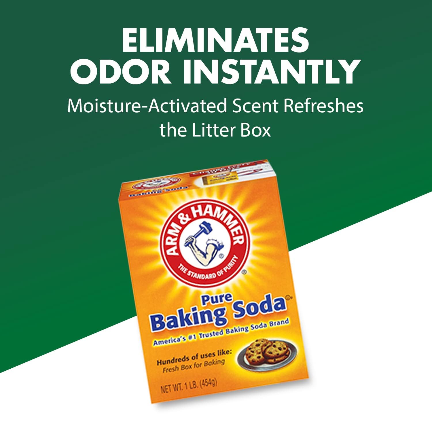 ARM & HAMMER saupoudrage sur litière illustrant réduction rapide des odeurs