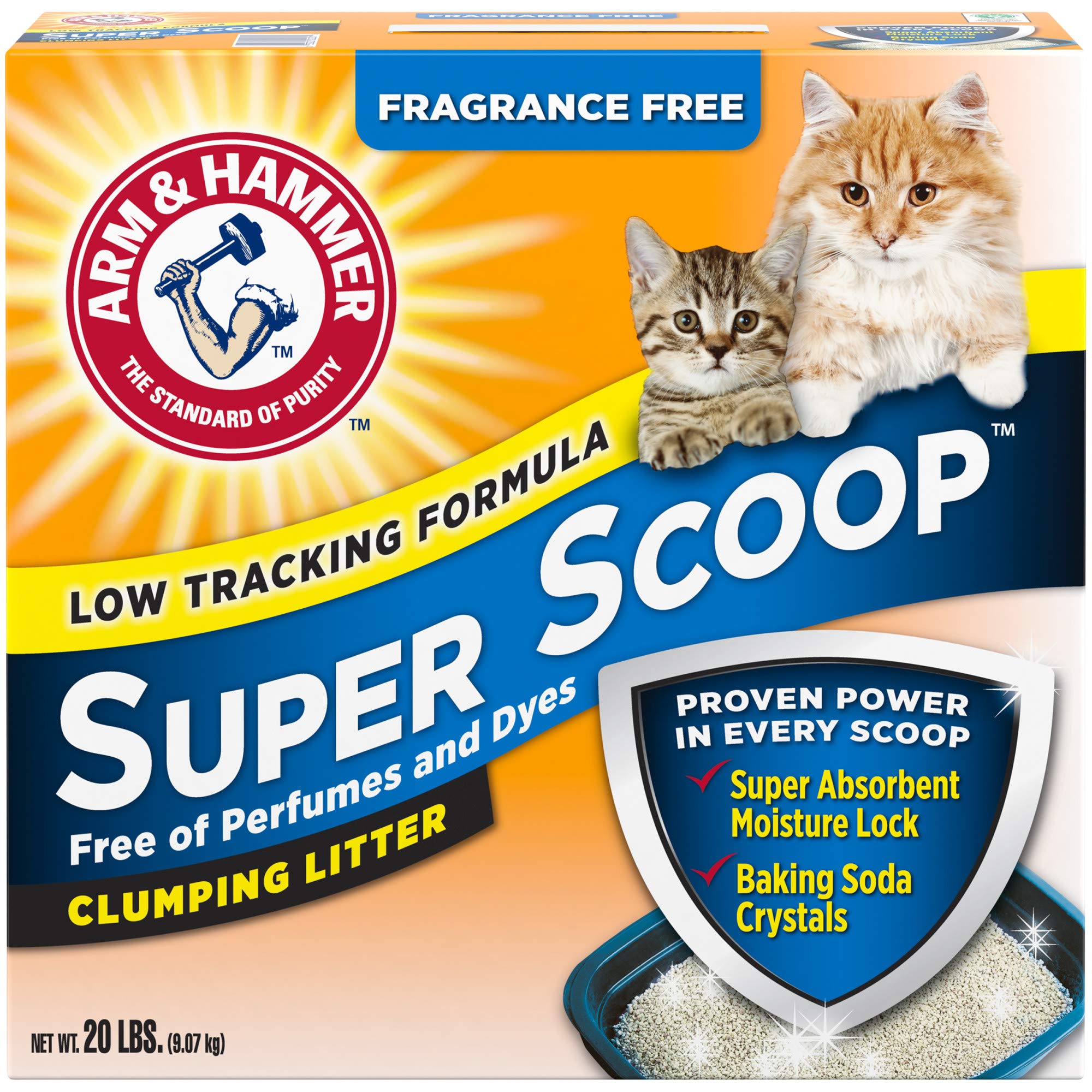 Arm & Hammer emballage avant 20 lbs montrant sac et bénéfice anti-odeurs