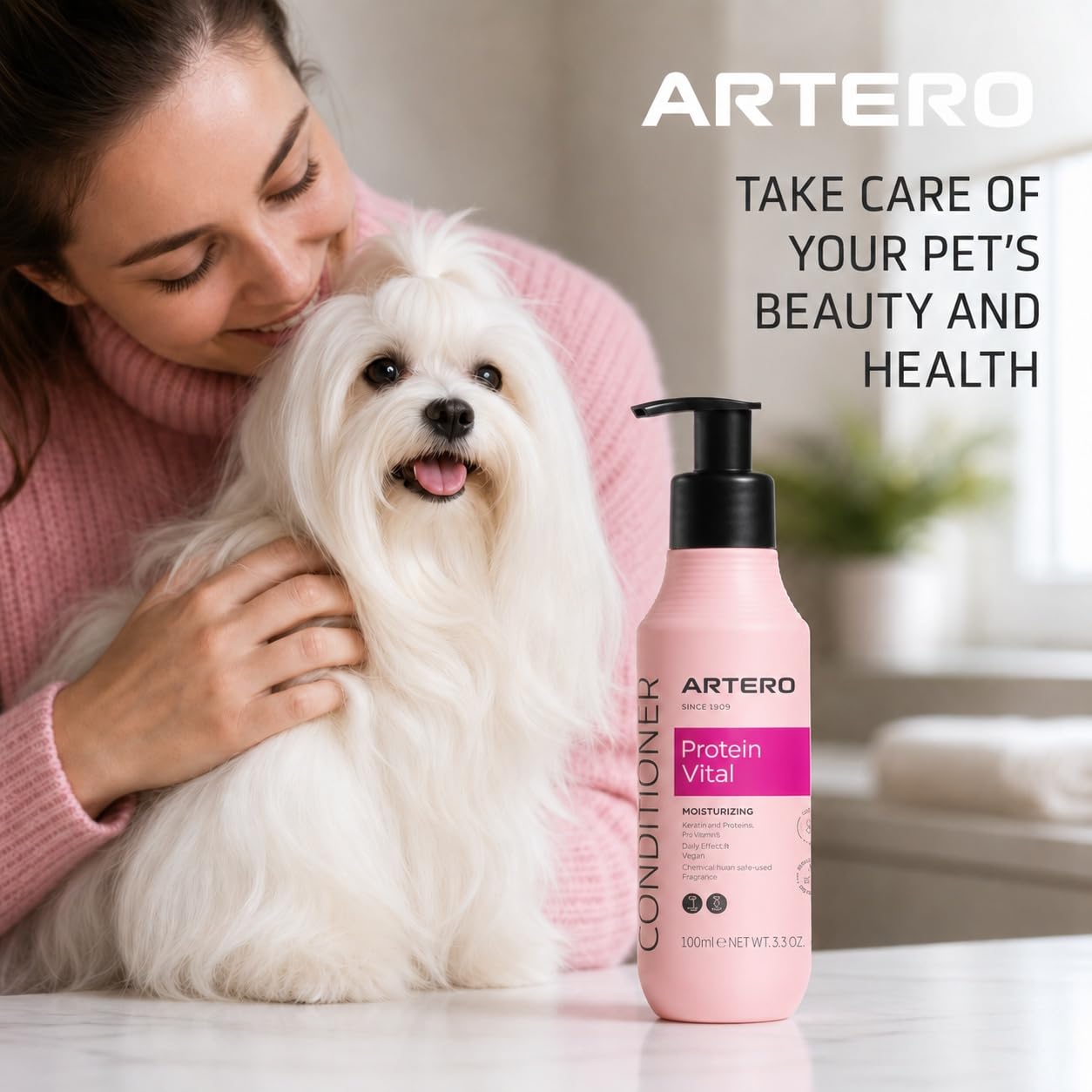 Artero toilettage chien après bain montrant pelage lisse et volumineux