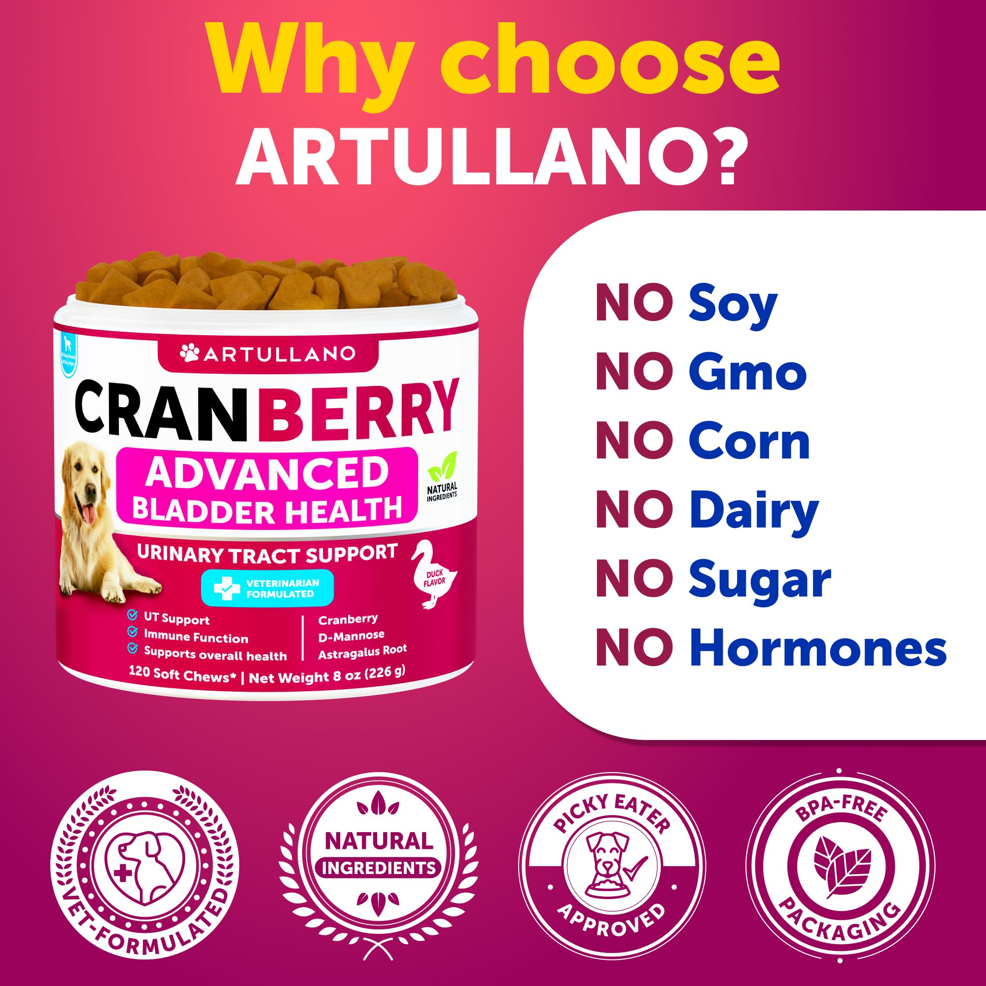 Artullano étiquette lisible détaillant canneberge et D‑mannose