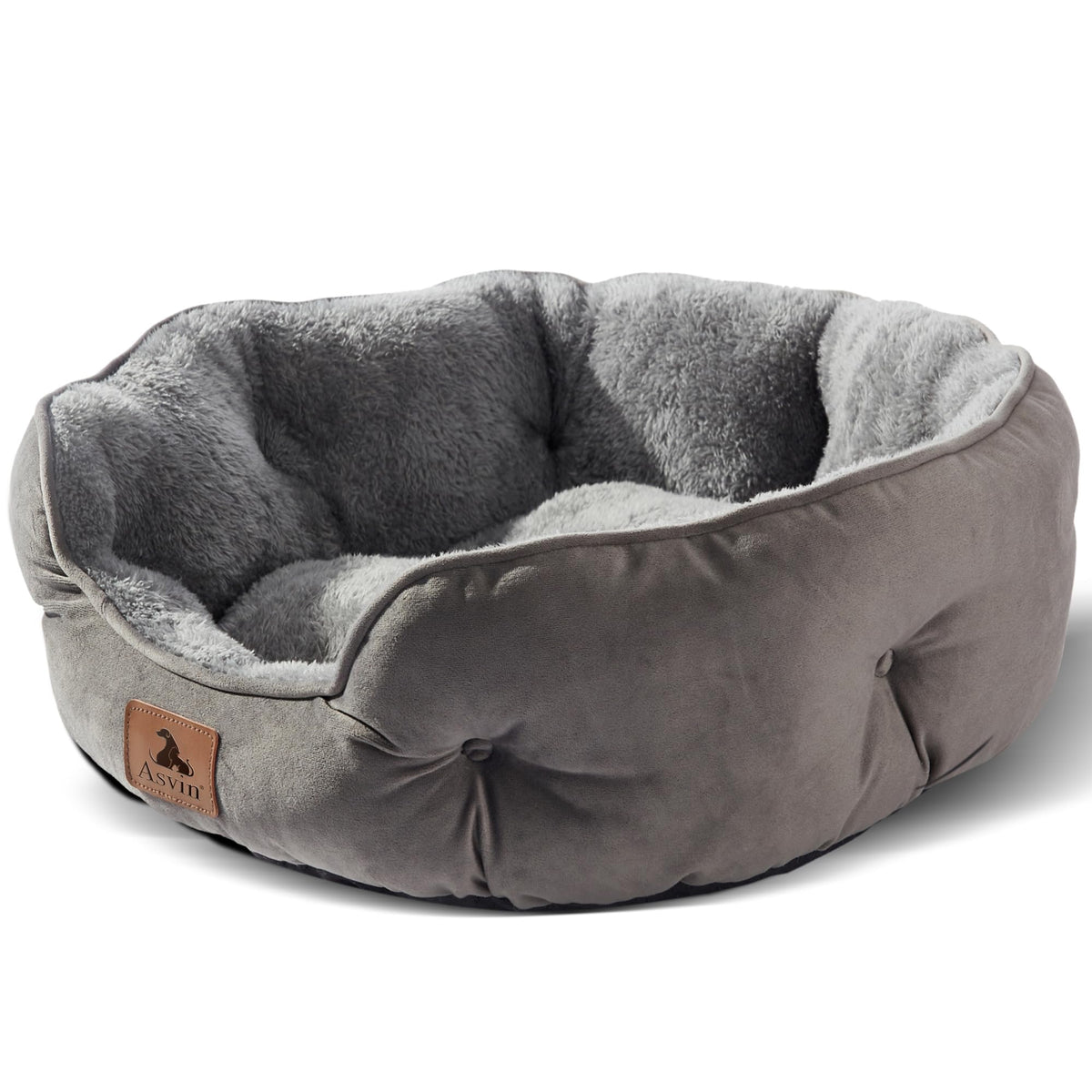 Asvin lit face avant gris montrant forme ronde et confort pour petit chien