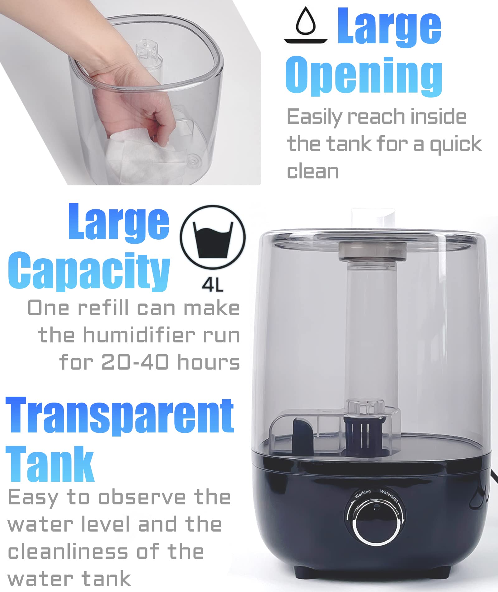 AUAAQ réservoir transparent de 4 L visible pour contrôler le niveau d'eau rapidement