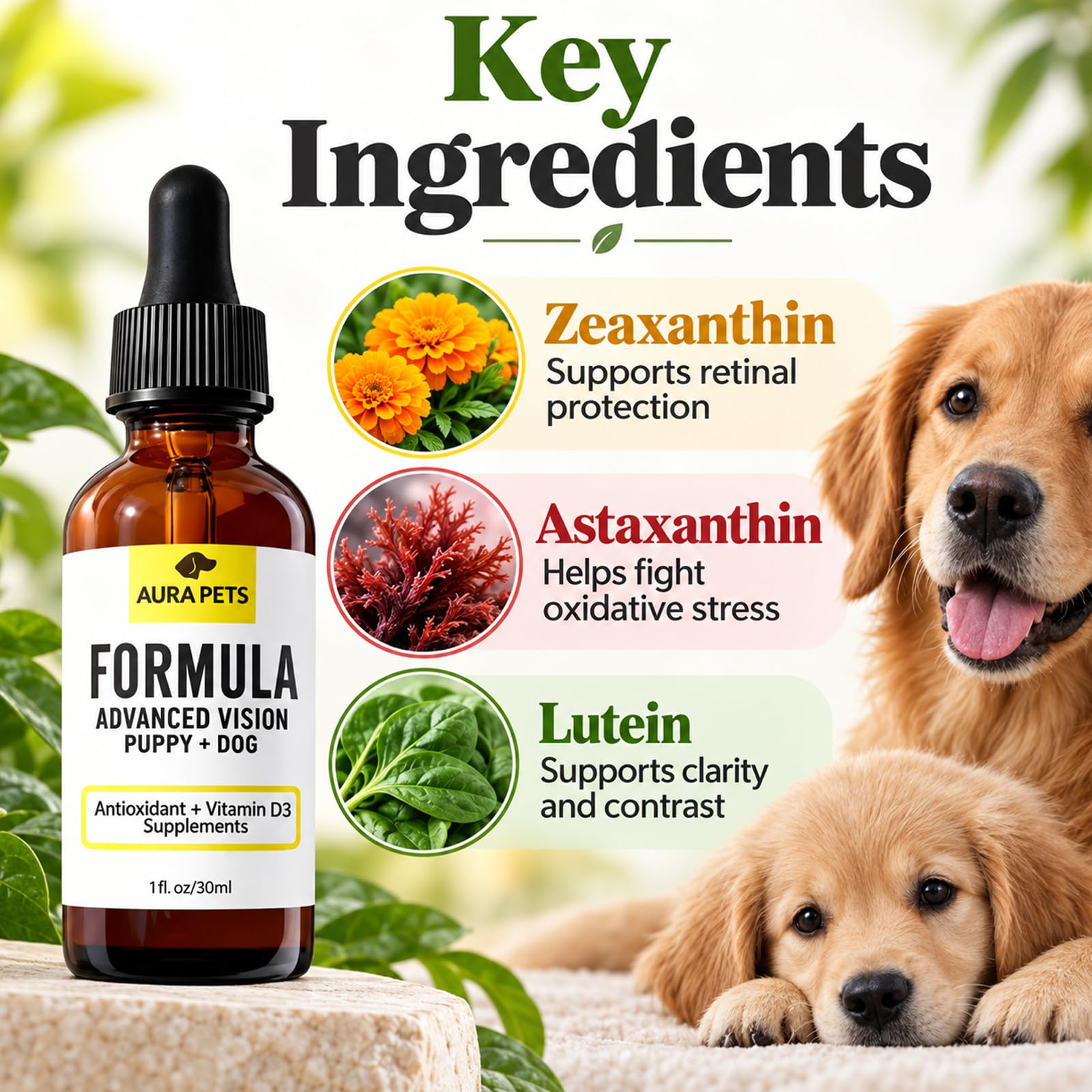 Zoom sur l’étiquette Aura Pets pour vérifier ingrédients clés