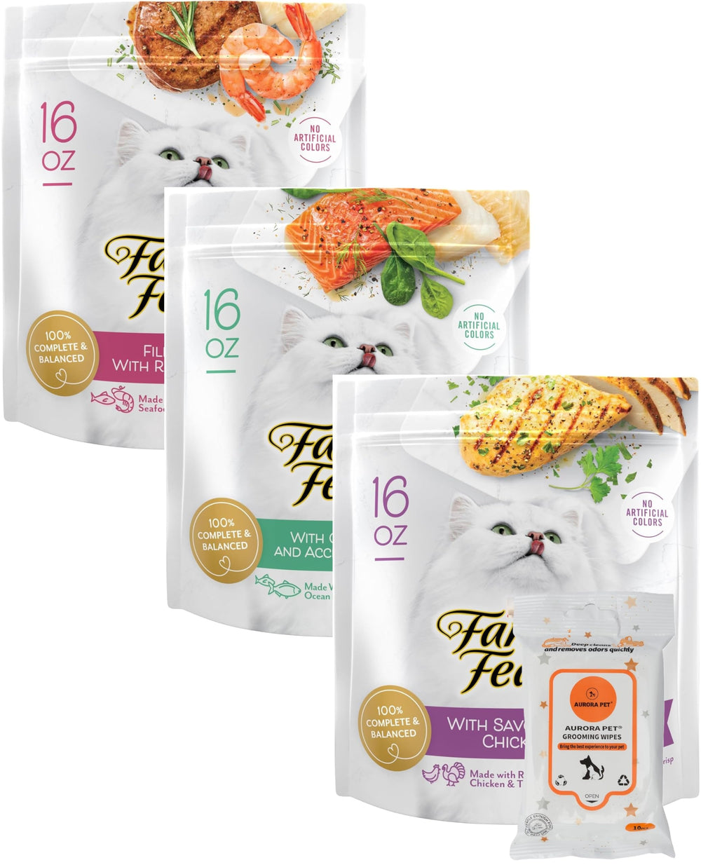 Aurora Pet emballage avant montrant les trois saveurs et l'utilité pratique