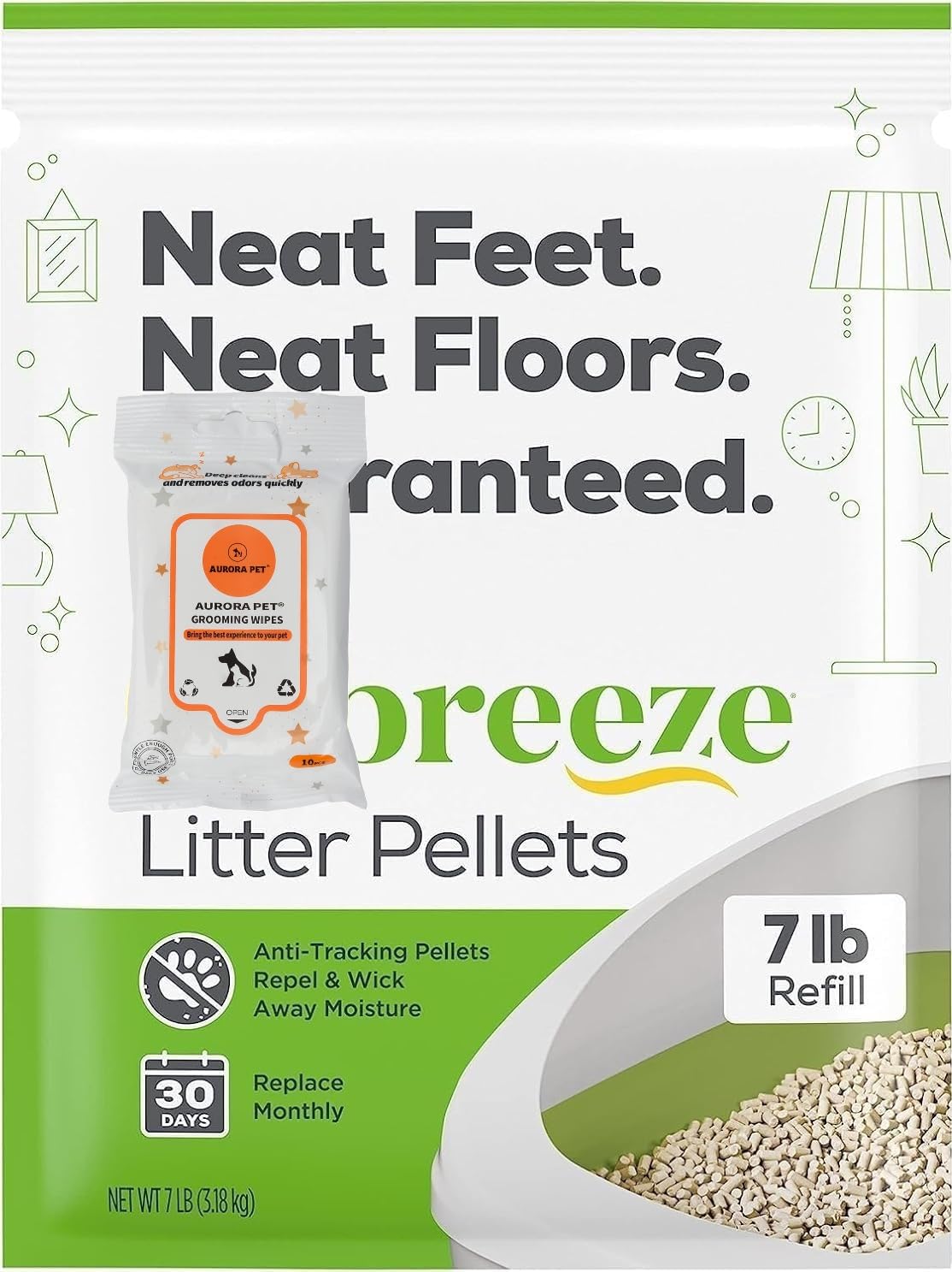 Aurora Pet granulés emballage face montrant contenu pratique et bénéfice propreté
