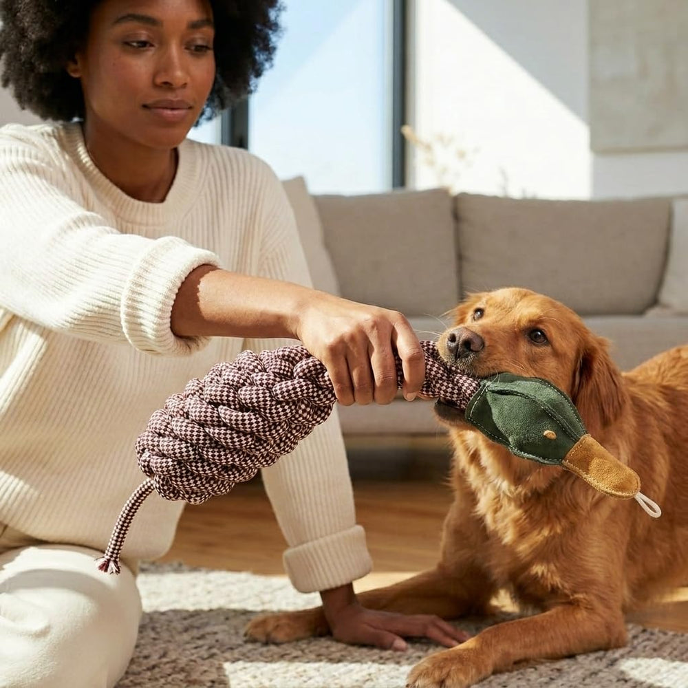 Aussie Naturals chien jouant au fetch avec canard crissant stimulant