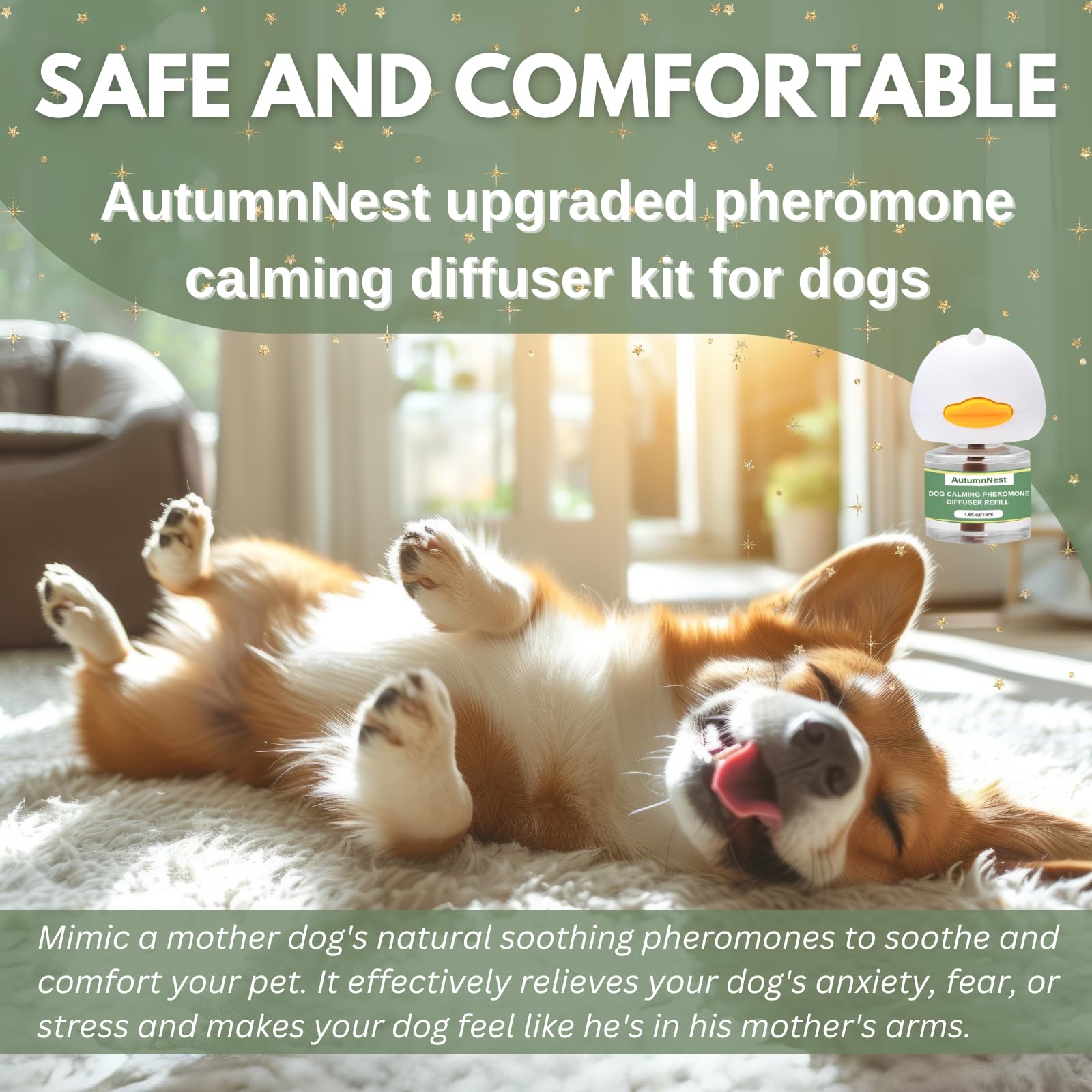 AutumnNest diffuseur dans un salon avec chien détendu montrant effet apaisant