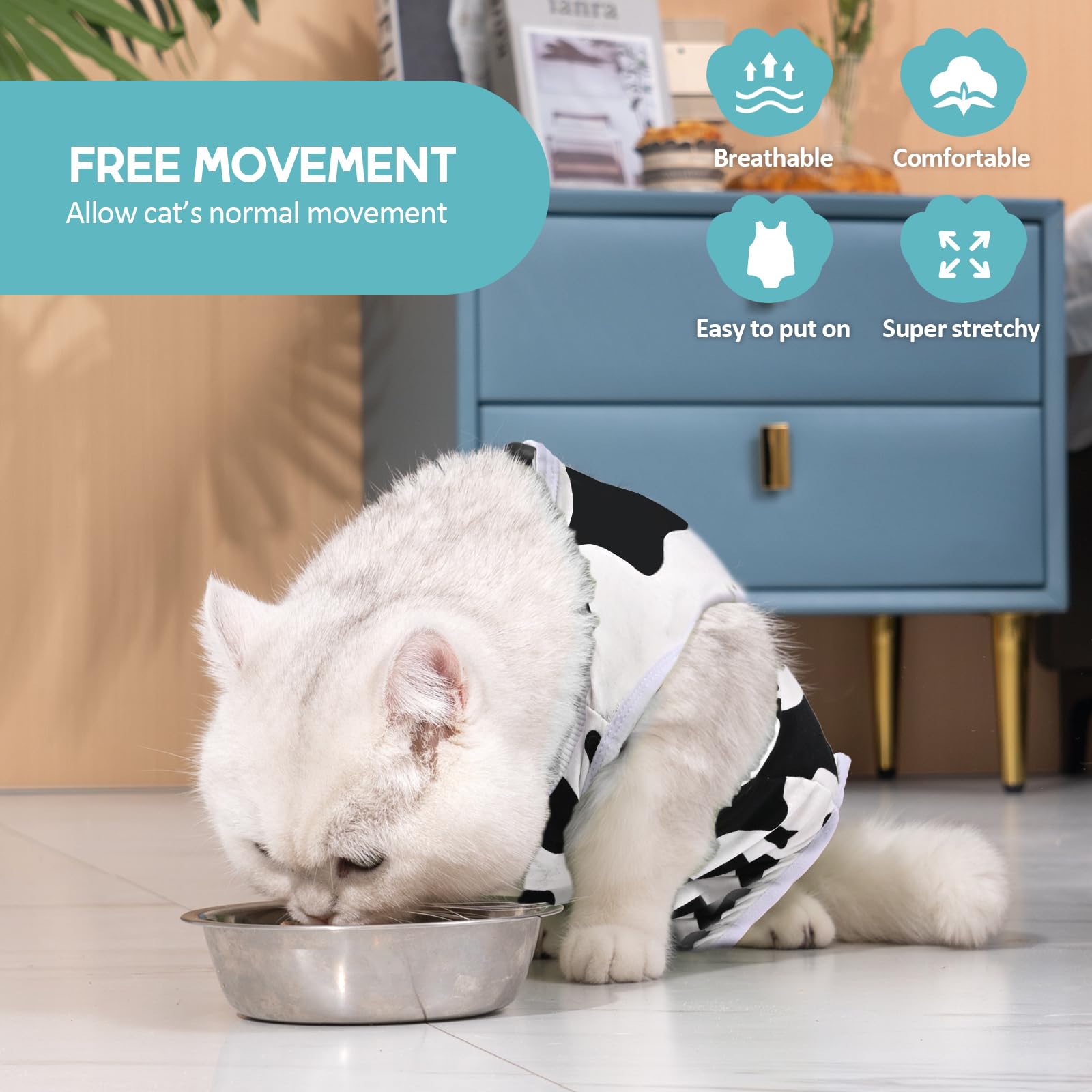 Avont portée par un chat reposant, protège les sutures et permet mouvement naturel