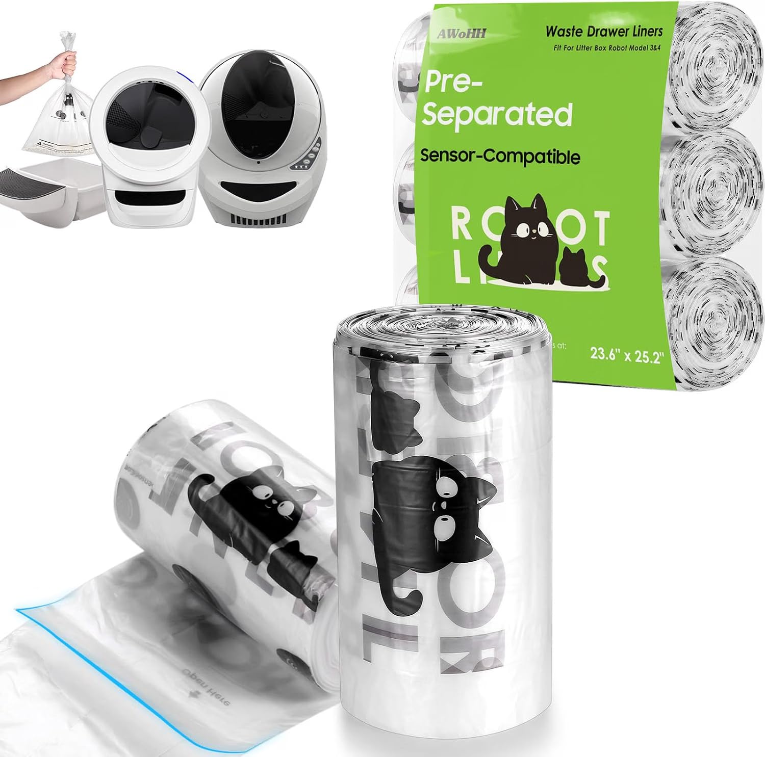 AWoHH face avant de l'emballage montrant compatibilité Litter-Robot et avantage pratique
