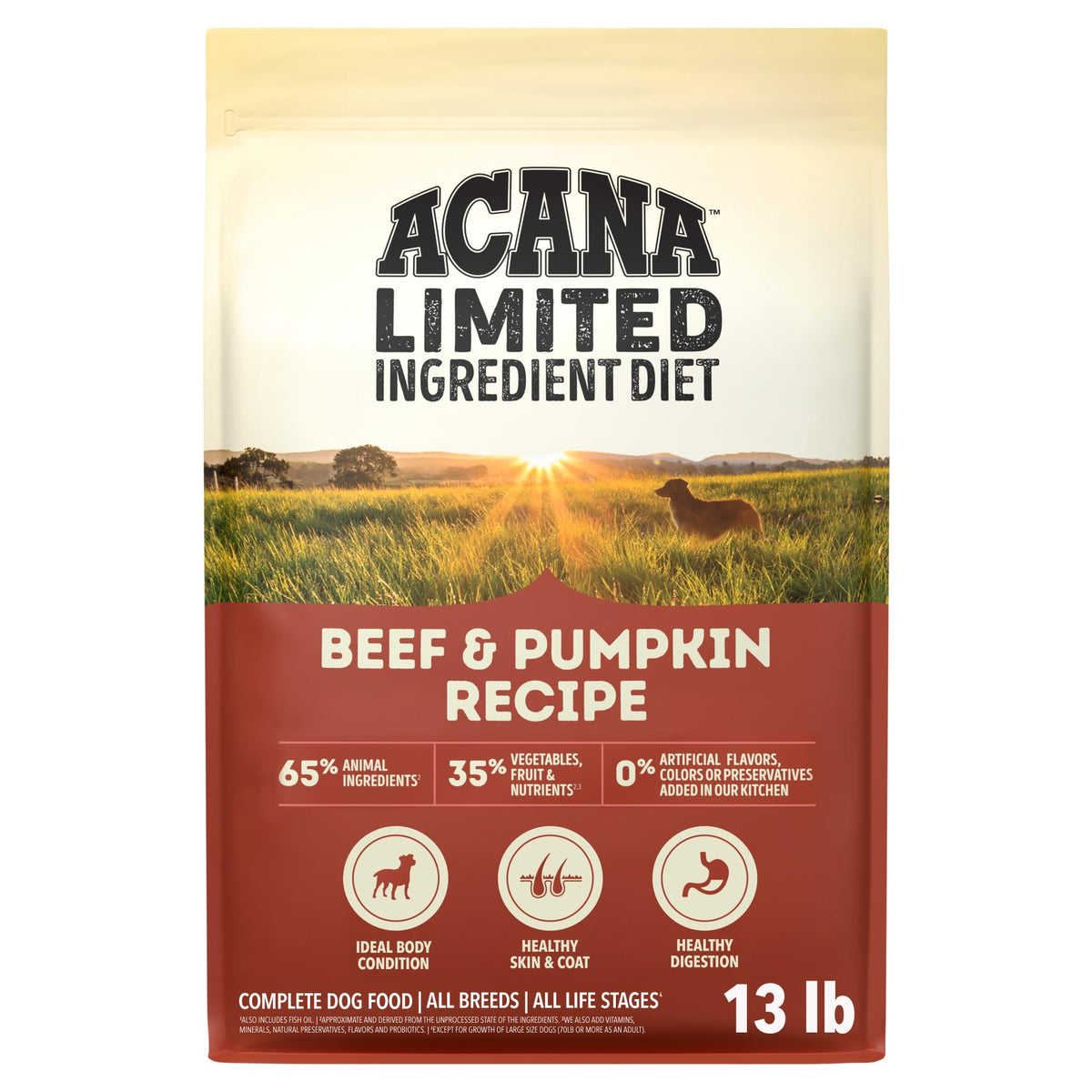 ACANA sac 13 lb face montrant recette Boeuf et Potiron, nutrition concentrée