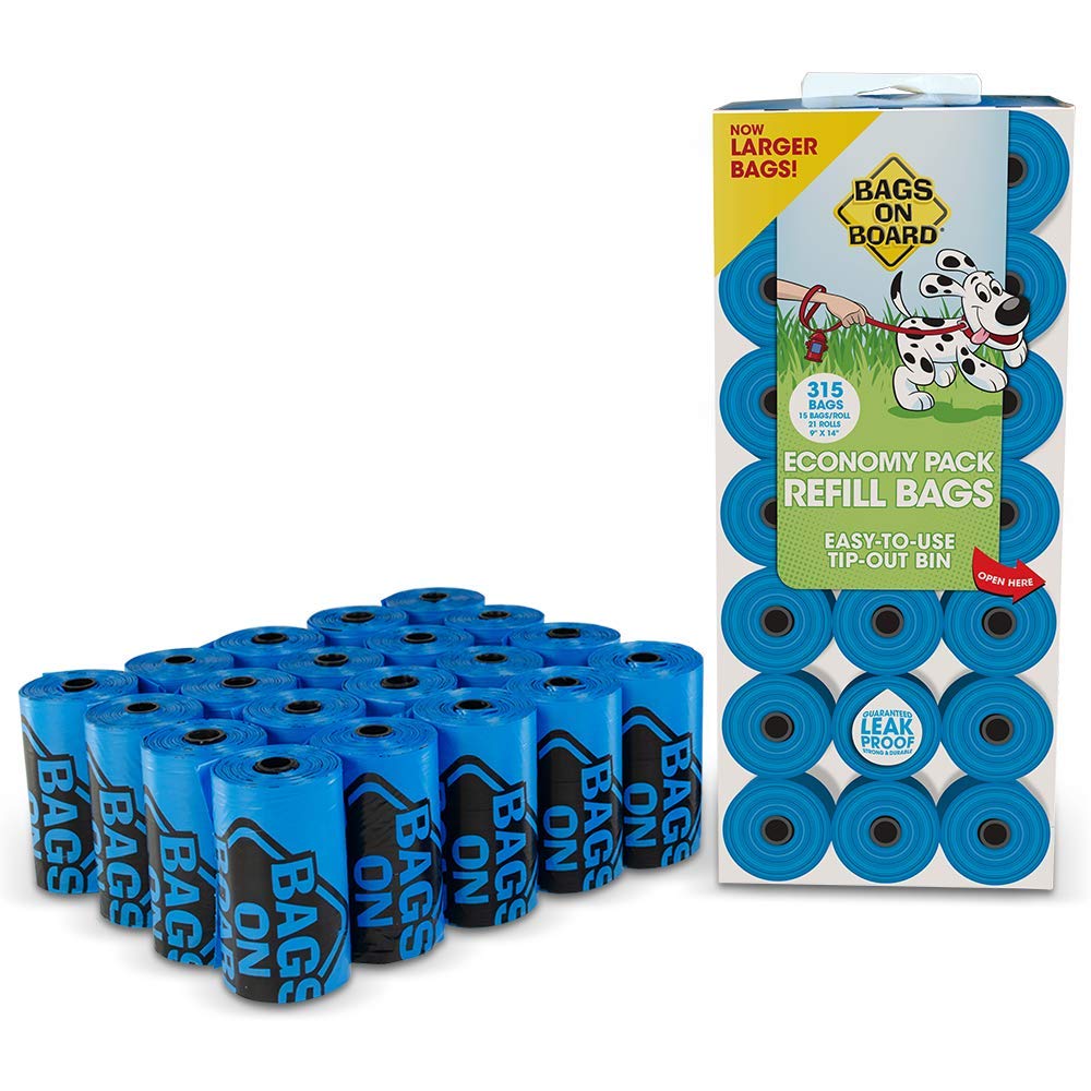 Bags on Board emballage avant montrant 21 rouleaux et 315 sacs, pratique