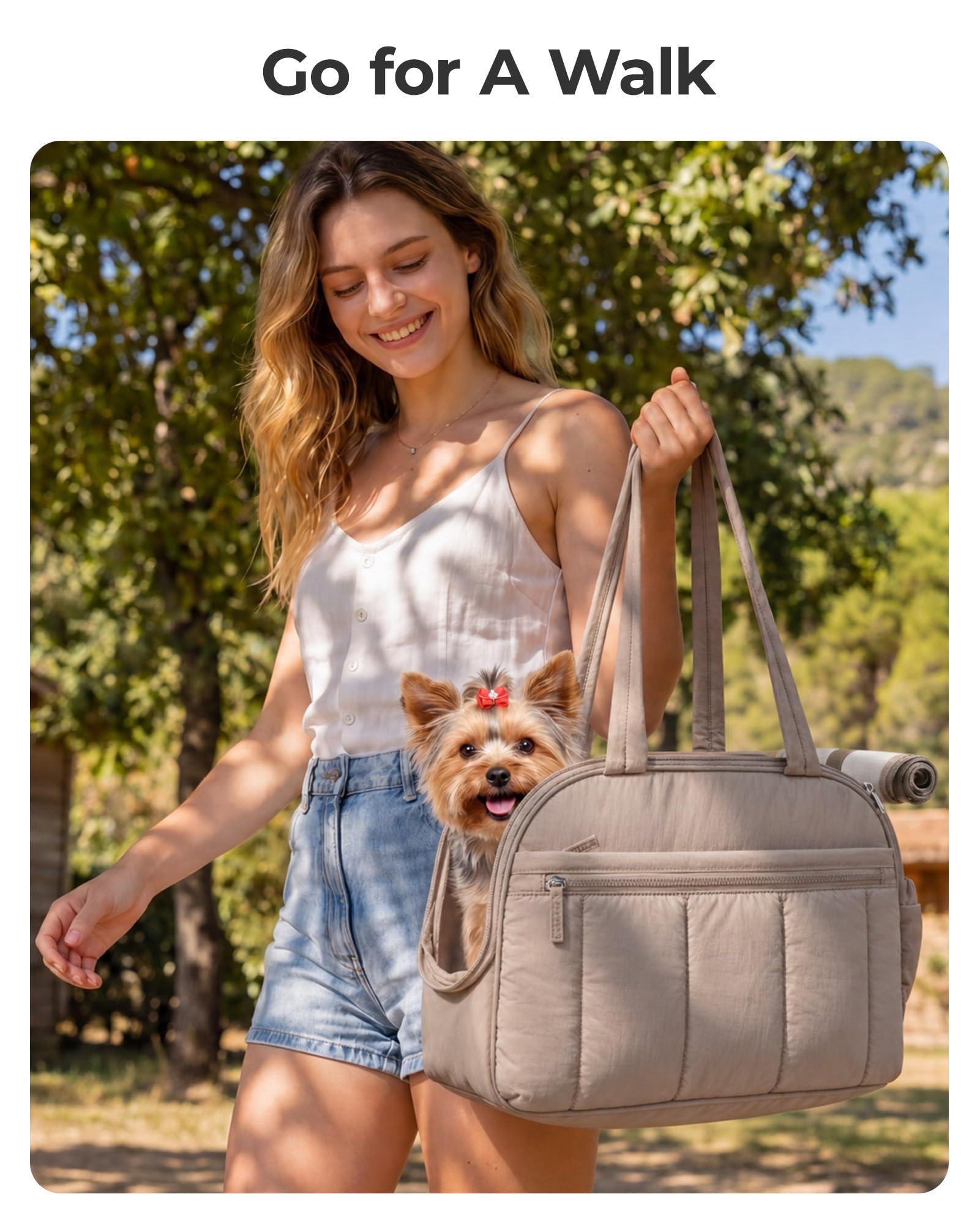 BAGSMART sac à côté d'un chiot pour comparaison de taille et capacité jusqu'à 6 kg