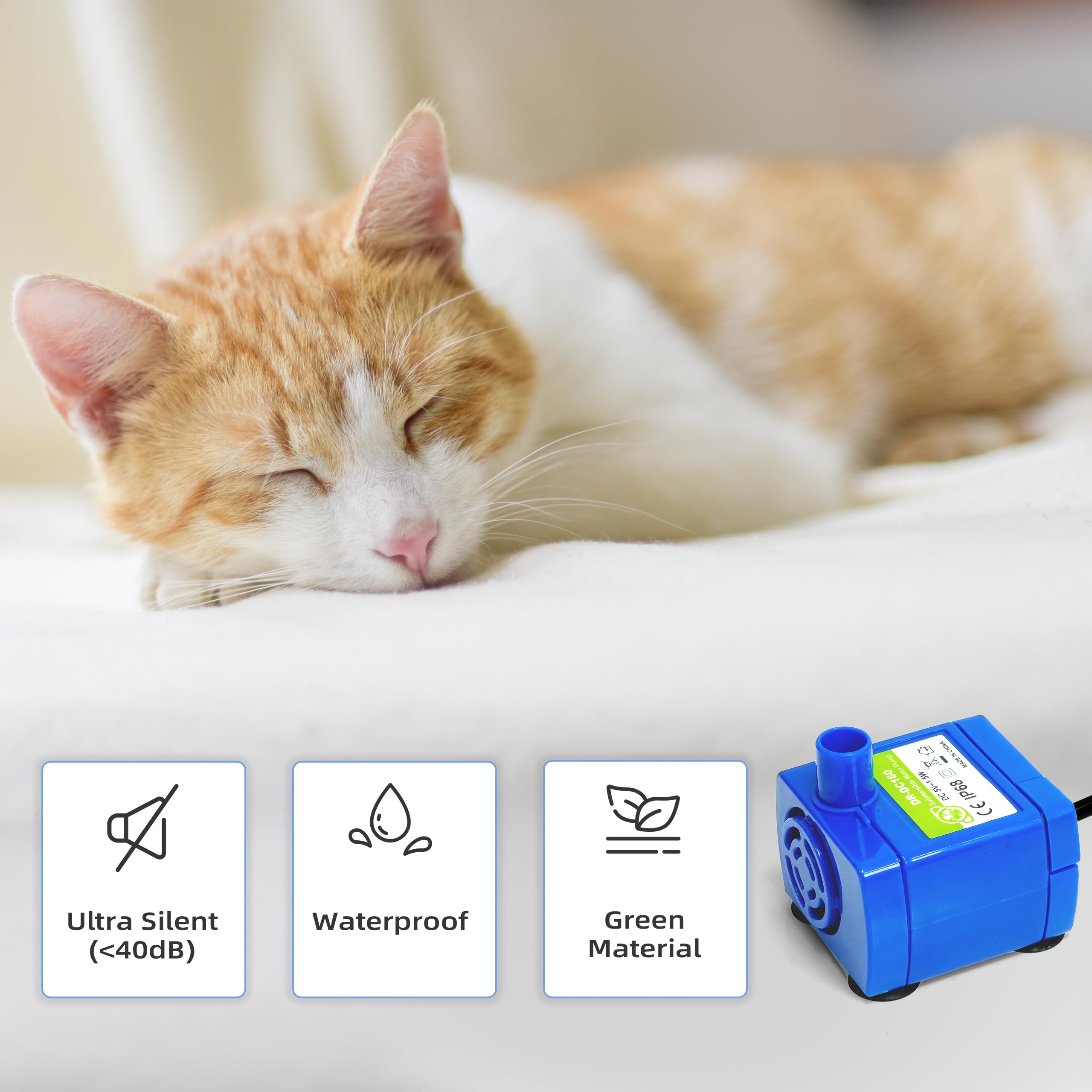 Baofum DR-DC160 installé dans une fontaine pour chat, circulation visible