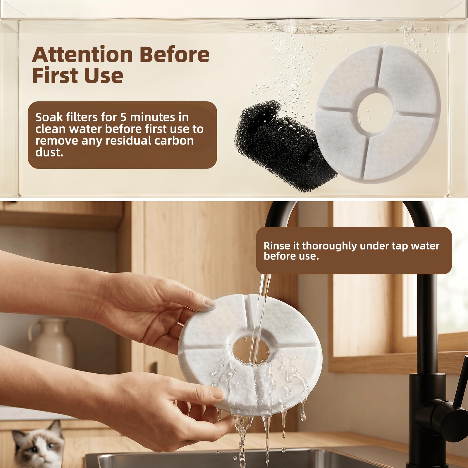 Fontaine pour chat en cuisine avec filtre Baofum installé, eau plus claire