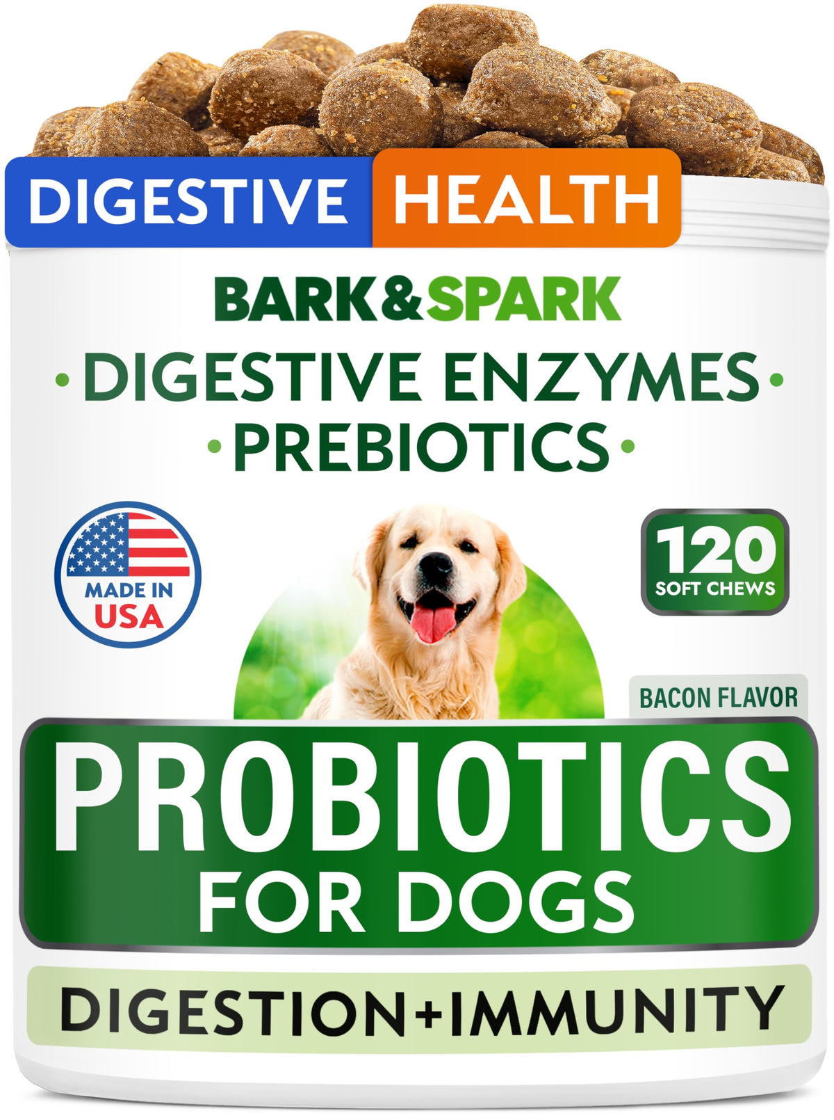 BARK&SPARK emballage avant montrant la formule probiotique bénéfique