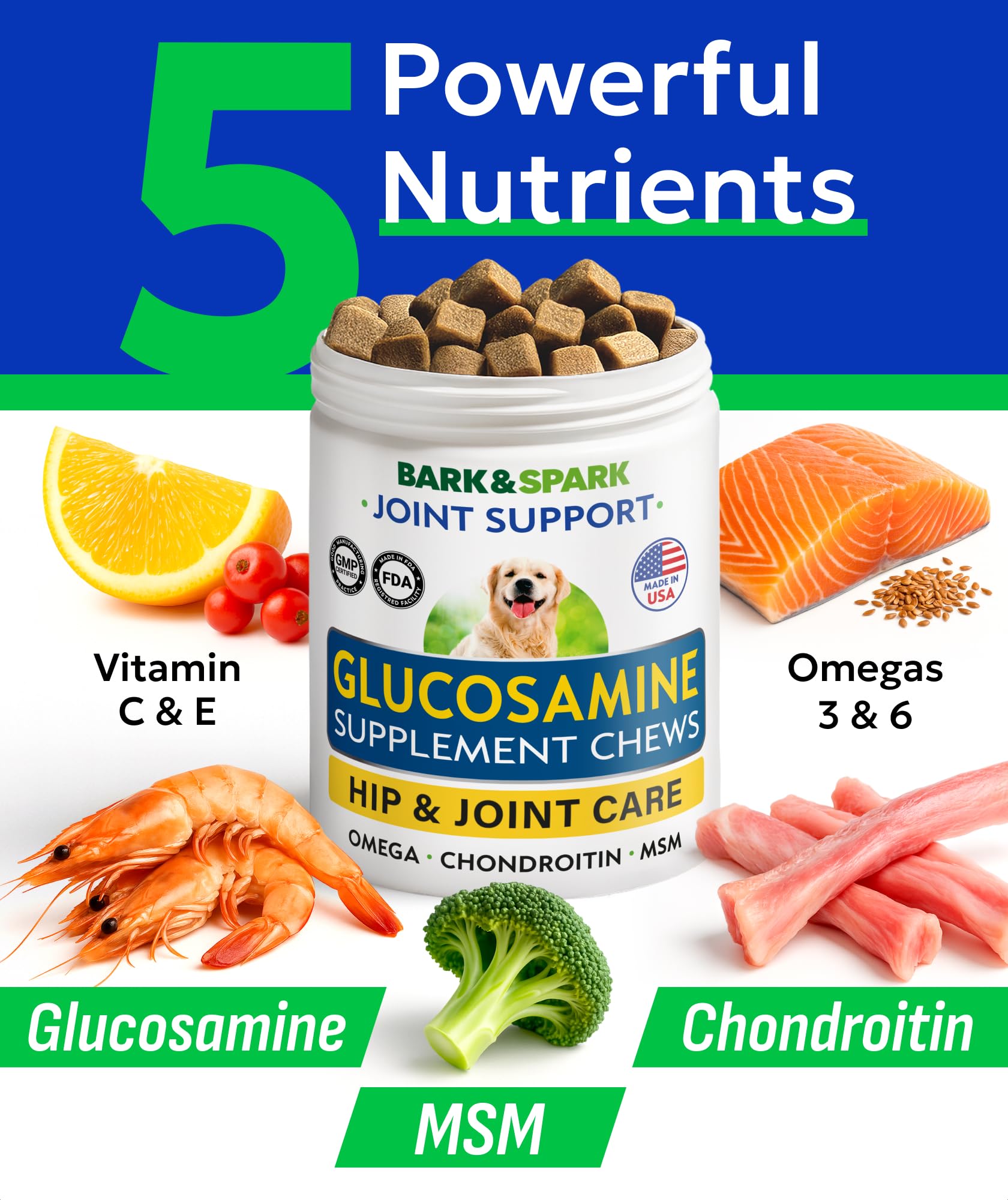 BARK&SPARK étiquette ingrédients listant glucosamine, chondroïtine et MSM