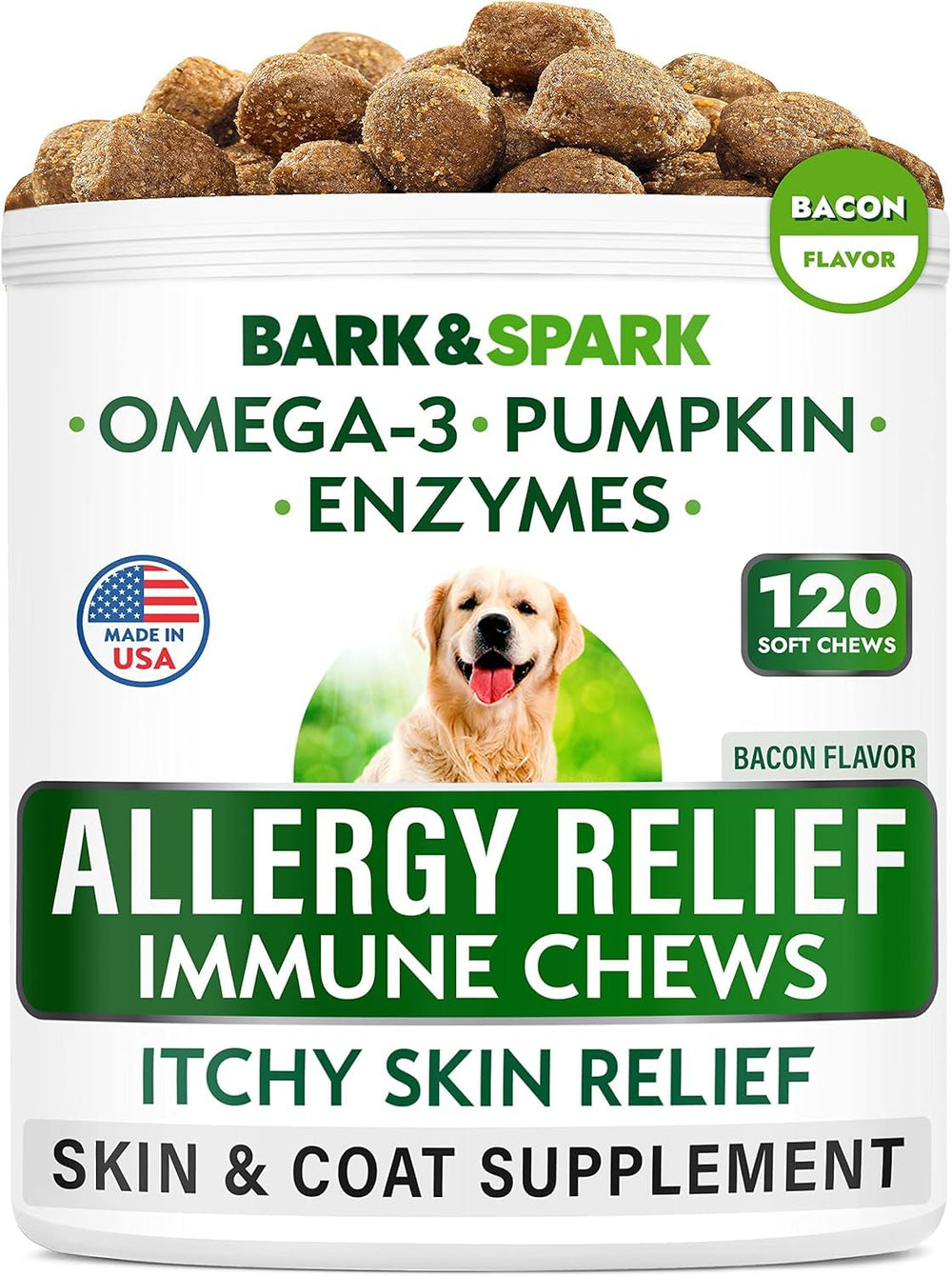 BARK&SPARK pot de chews visible, montre quantité pratique
