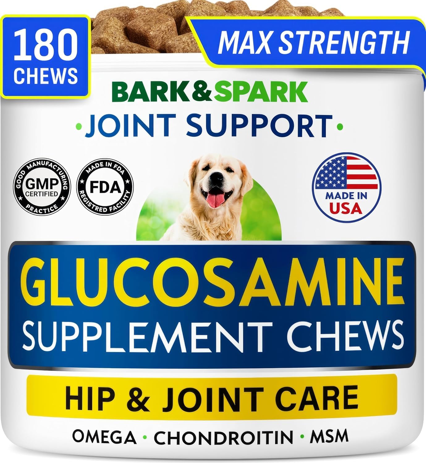 BARK&SPARK pot avant montrant format 180 chews et facilité d'usage