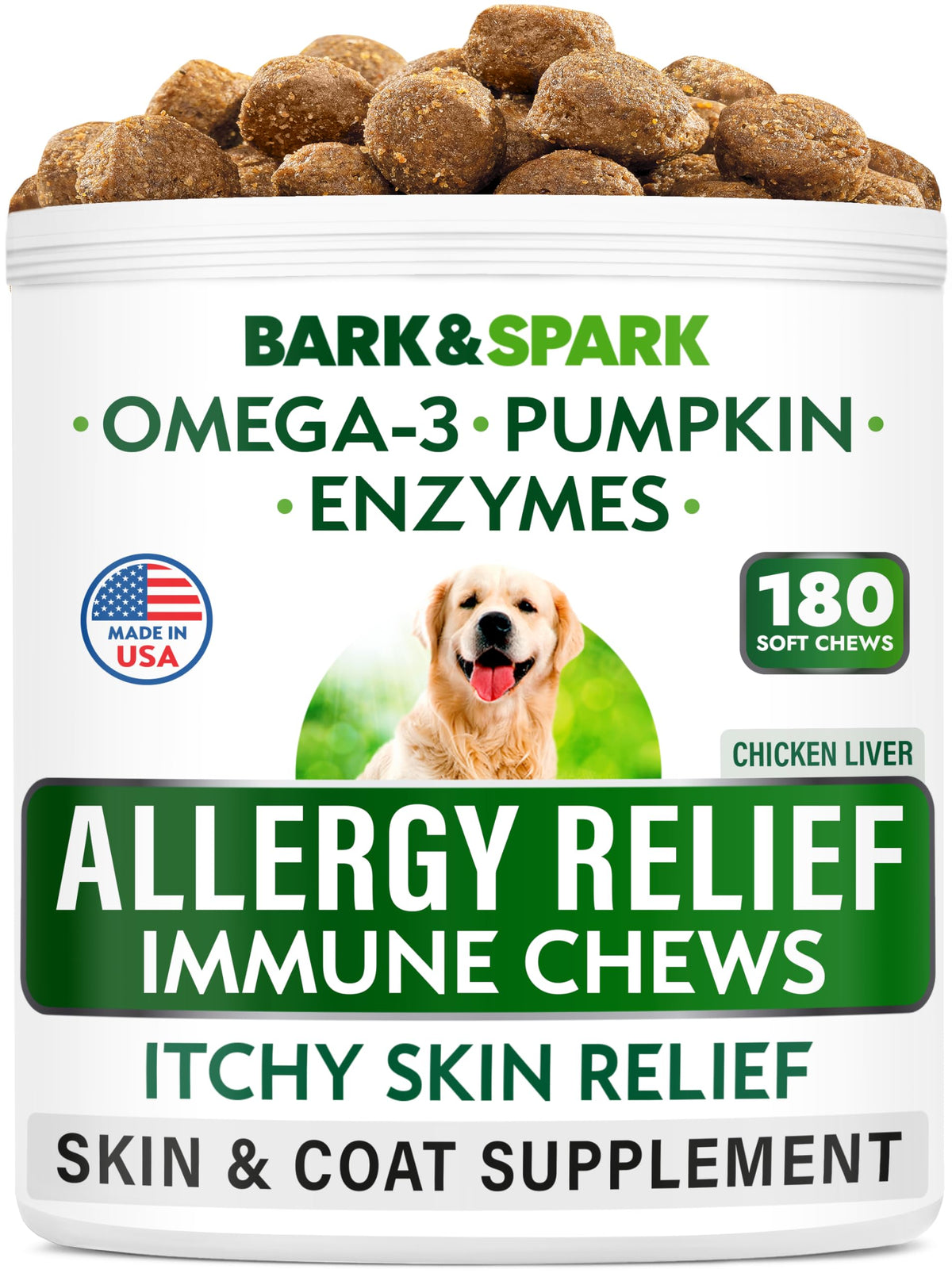 BARK&SPARK flacon de chews avant-plan montrant quantité et étiquette bénéfique