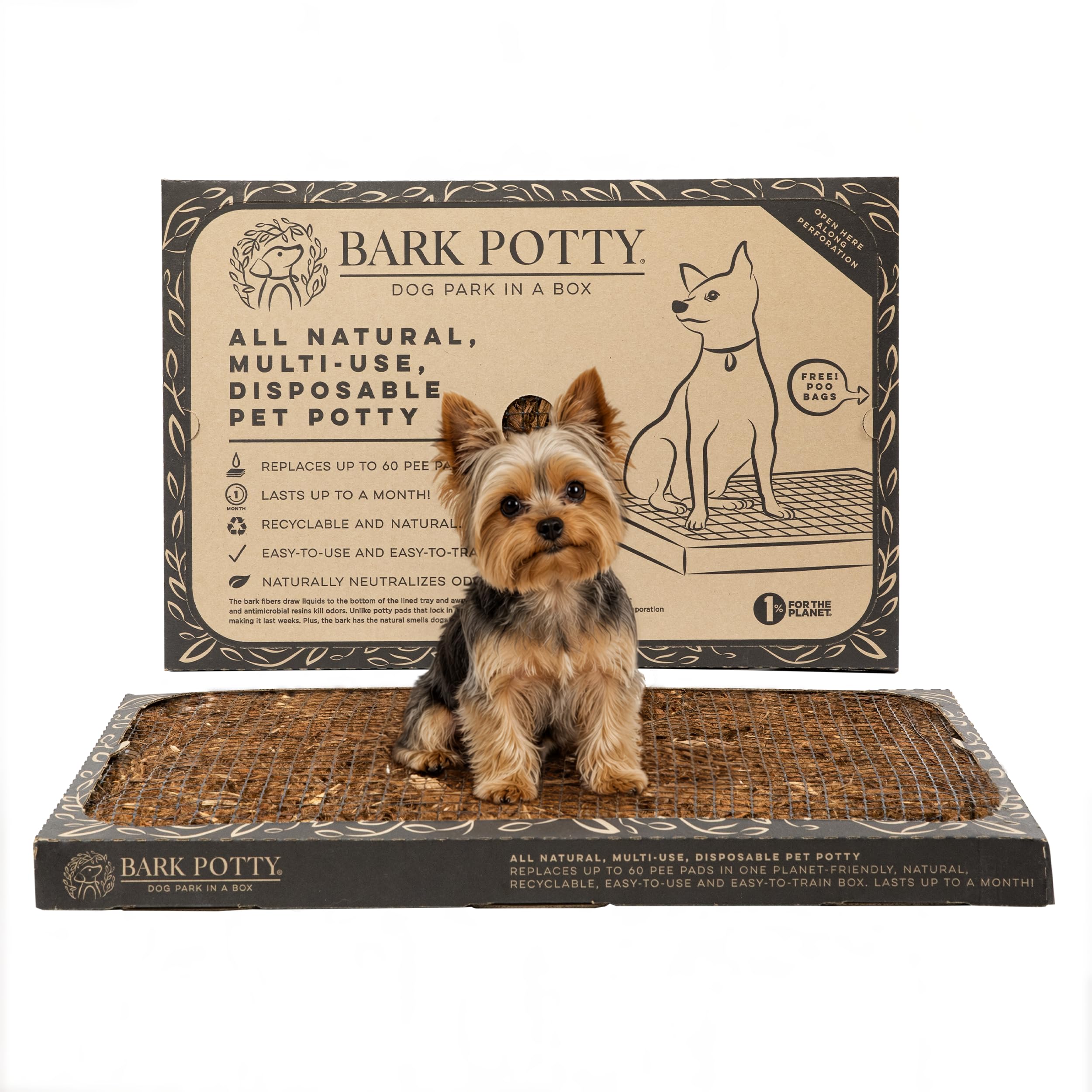 Bark Potty devant l'emballage montrant facilité d'installation