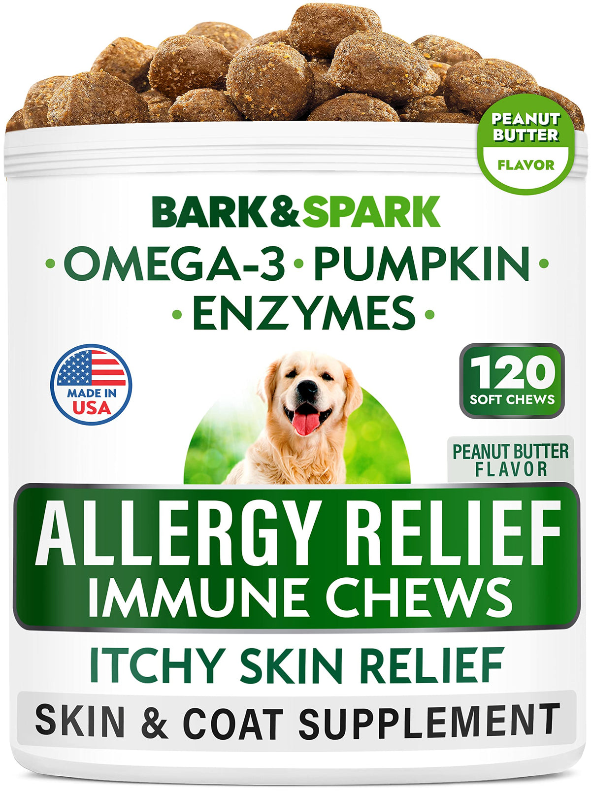 BARK&SPARK pot avant montrant 120 chewing-gums, bénéfice facilité d'utilisation