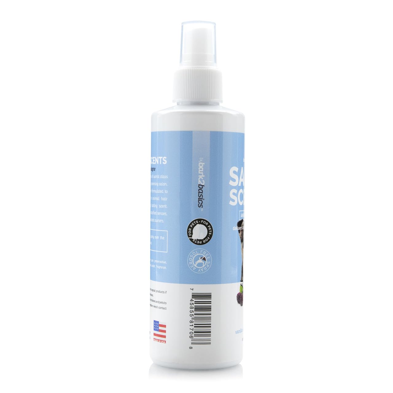 Bark2Basics étiquette en gros plan indiquant parfum vanille framboise