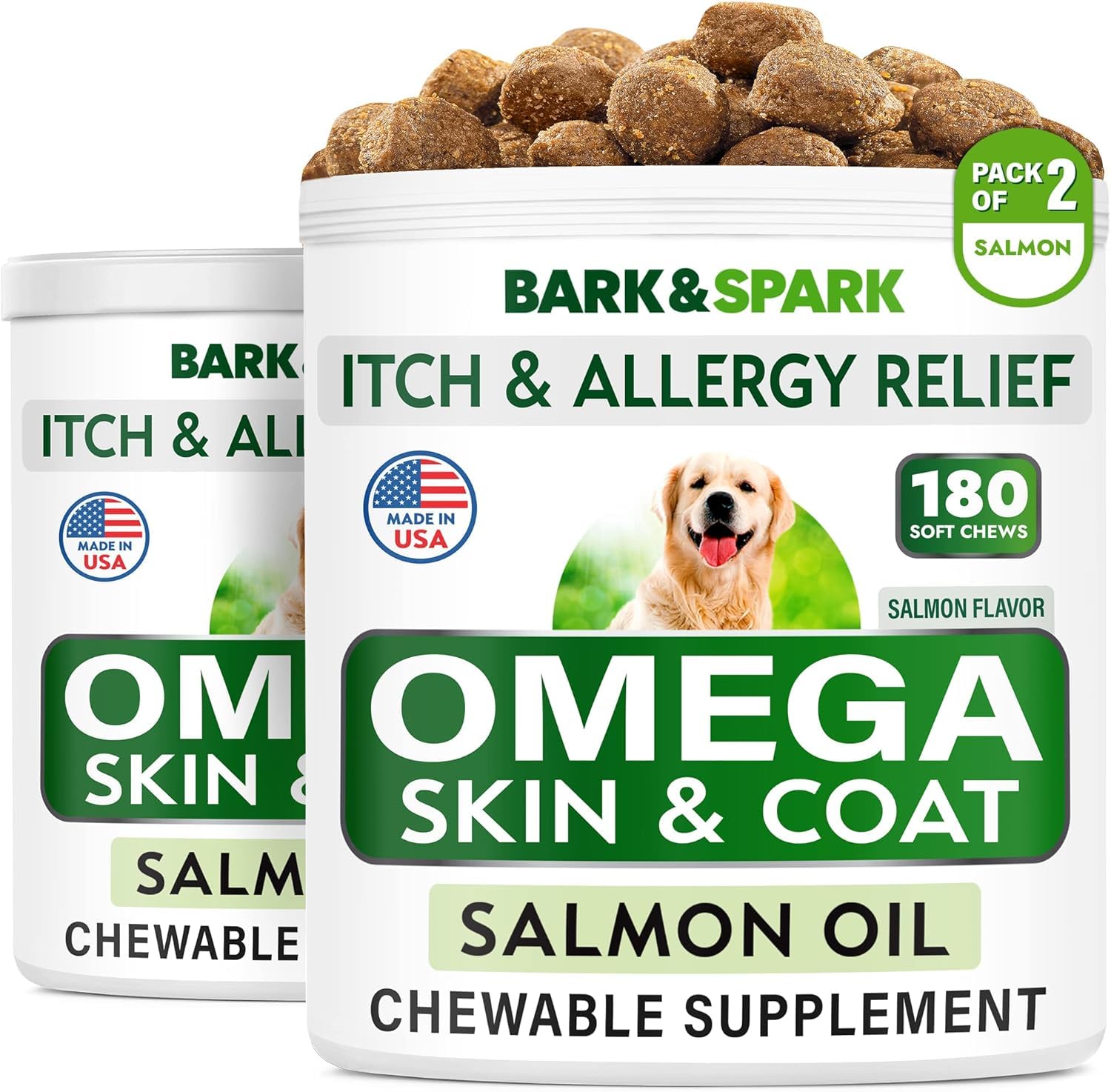 BARK&SPARK emballage avant montrant format et bénéfices peau pelage
