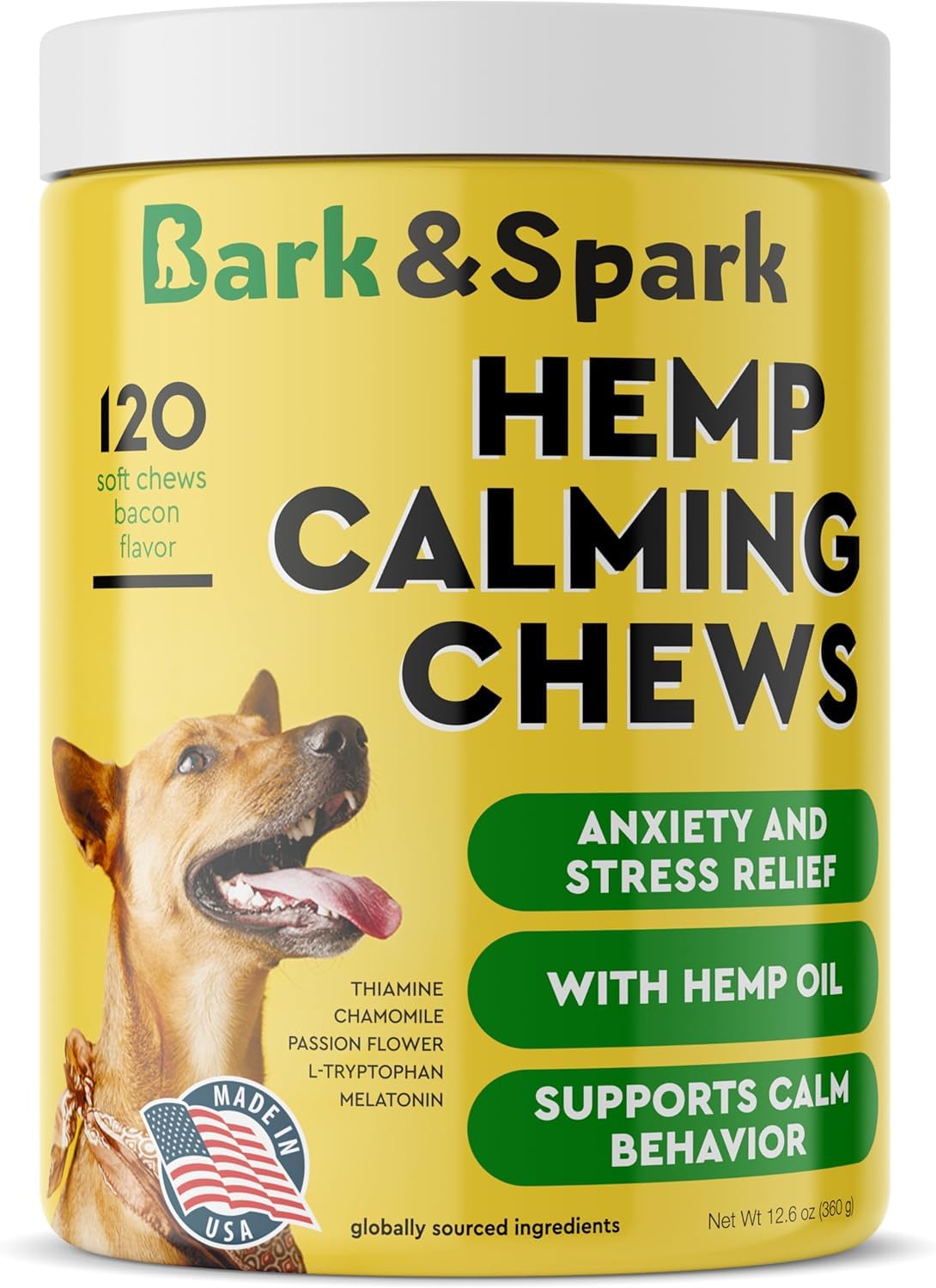 BARK&SPARK emballage avant montrant 120 friandises calmantes bénéfice apaisement