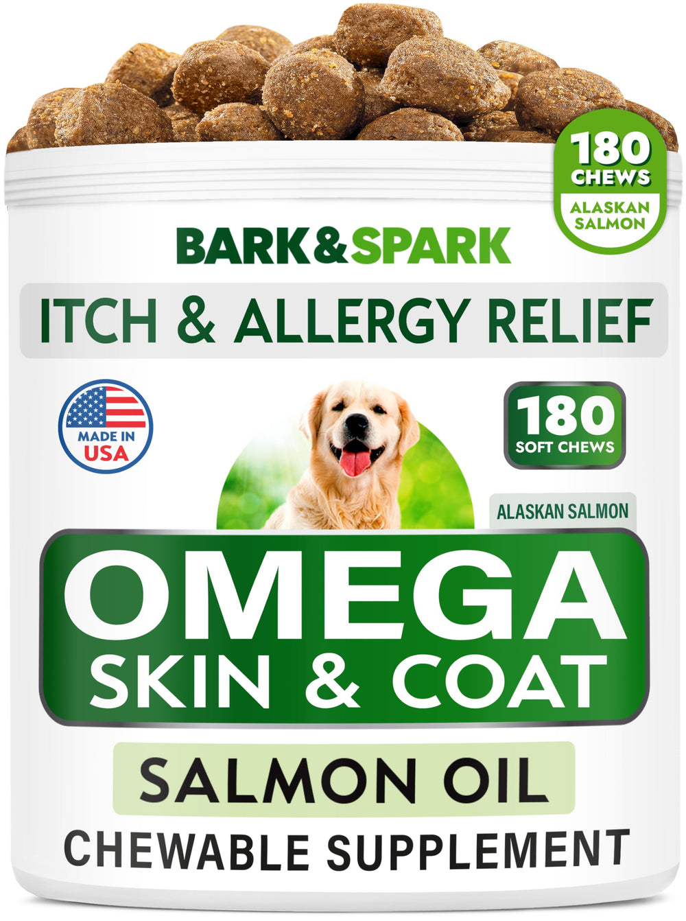 BARK&SPARK pot Omega 3 montrant l'emballage et bénéfice peau saine